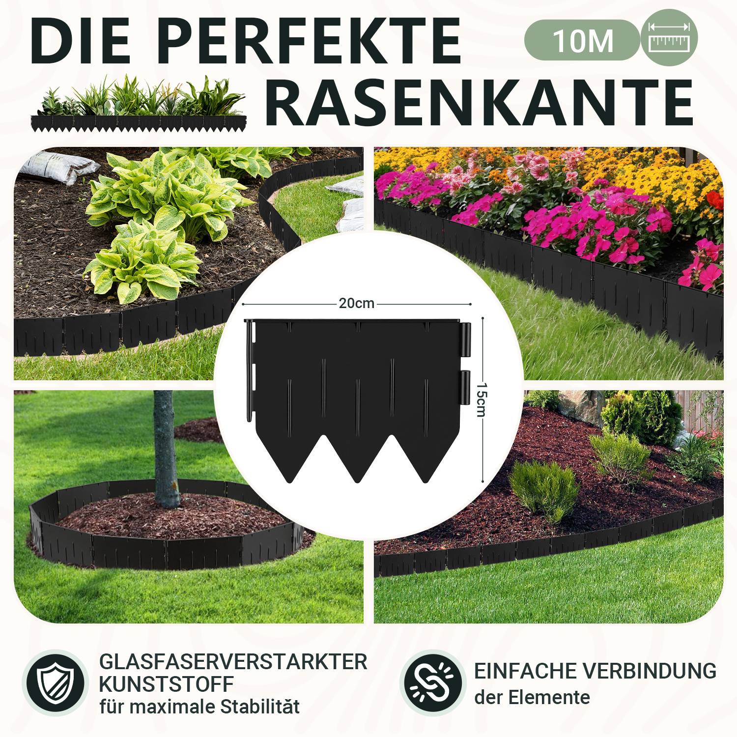 Rasenkante Beeteinfassung Beetbegrenzung 10m Länge 50-teilige Garten Border 20x15cm mit Dreikant-Profil - Biegsame PP-Kunststoff Rasenkanten Schwarz