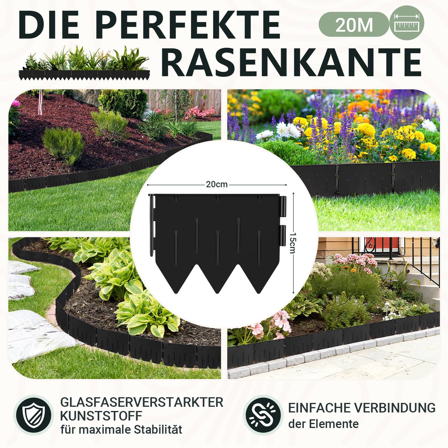 Rasenkante Beeteinfassung Beetbegrenzung 20m Länge 100-teilige Garten Border 20x15cm mit Dreikant-Profil - Biegsame PP-Kunststoff Rasenkanten