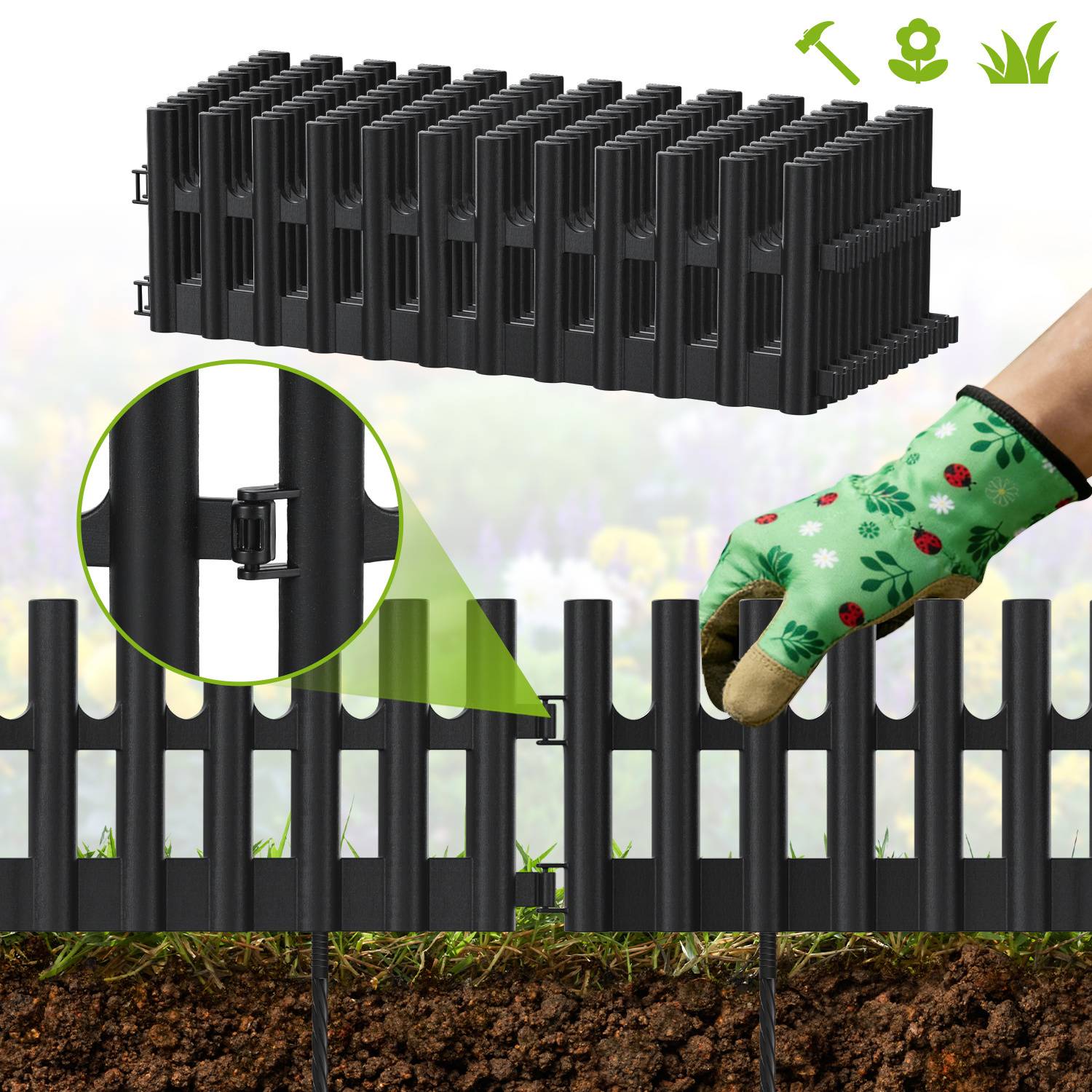 Plastik Rasenkante 12-teilig Set | 43x13 cm Hoch | Flexible Beetumrandung Garten | Witterungsbeständig Anthrazit | Inklusive 24 Erdnägeln 20 cm