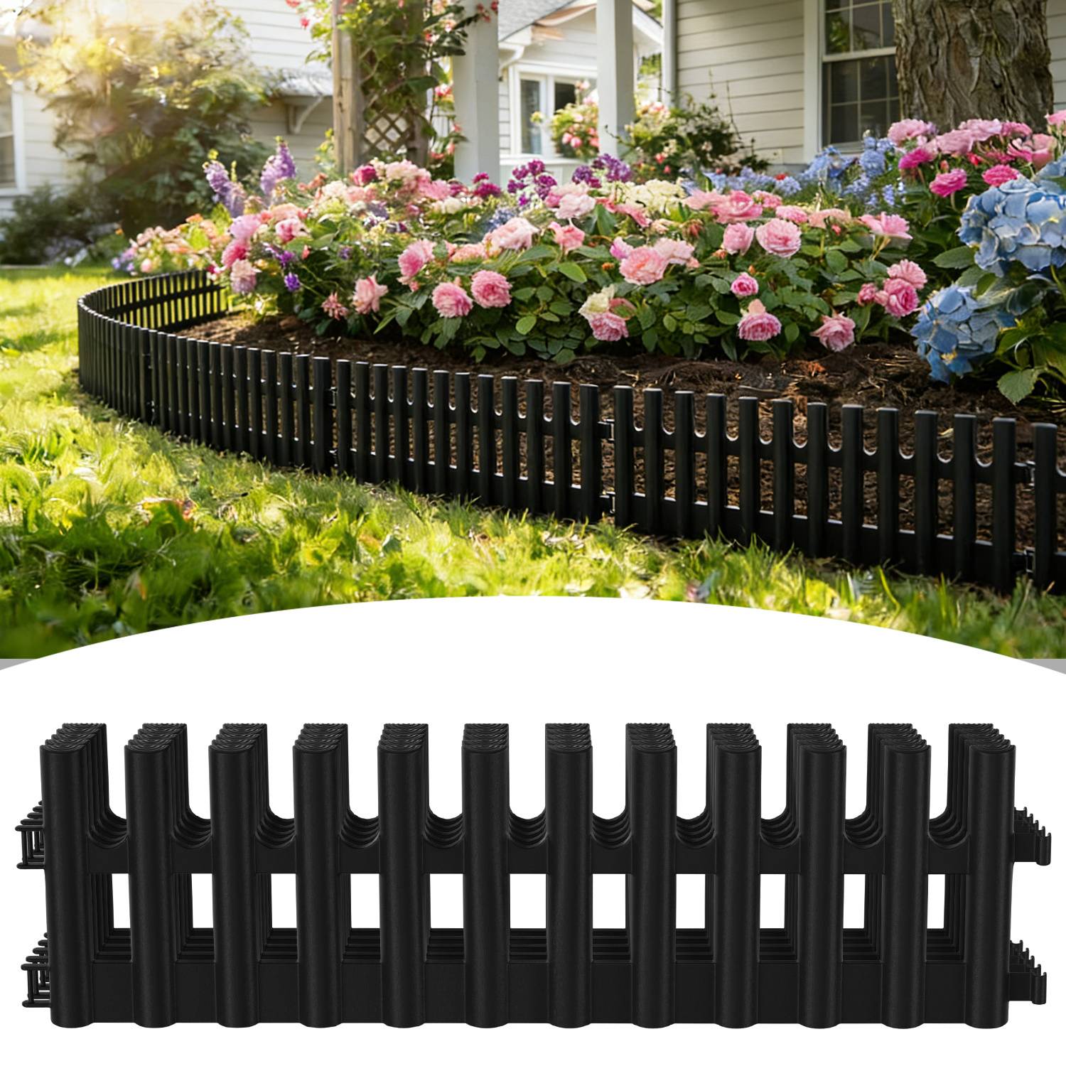 Plastik Rasenkante 6-teilig Set | 43x13 cm Hoch | Flexible Beetumrandung Garten | Witterungsbeständig Schwarz | Inklusive 12 Erdnägeln 20 cm