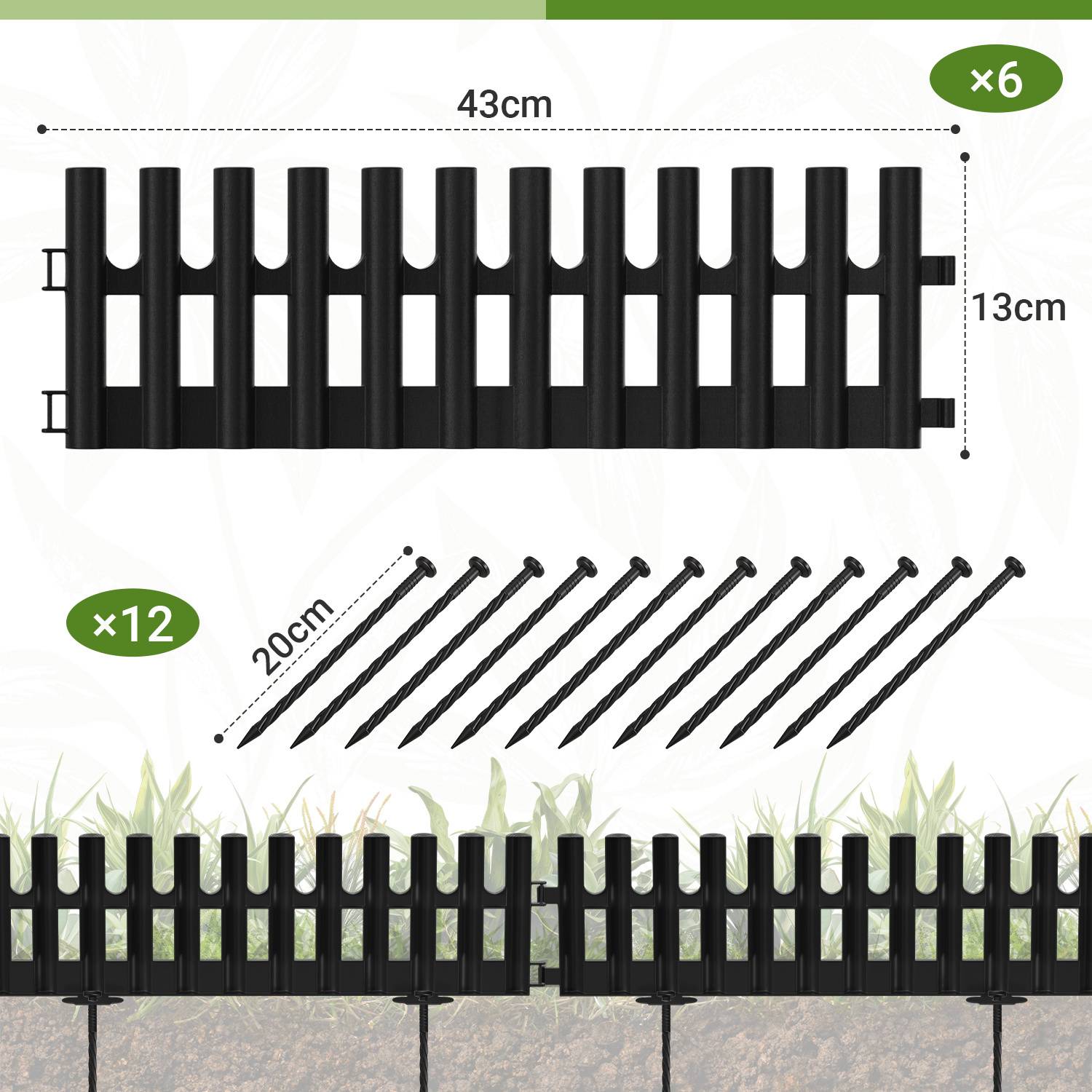 Plastik Rasenkante 6-teilig Set | 43x13 cm Hoch | Flexible Beetumrandung Garten | Witterungsbeständig Schwarz | Inklusive 12 Erdnägeln 20 cm