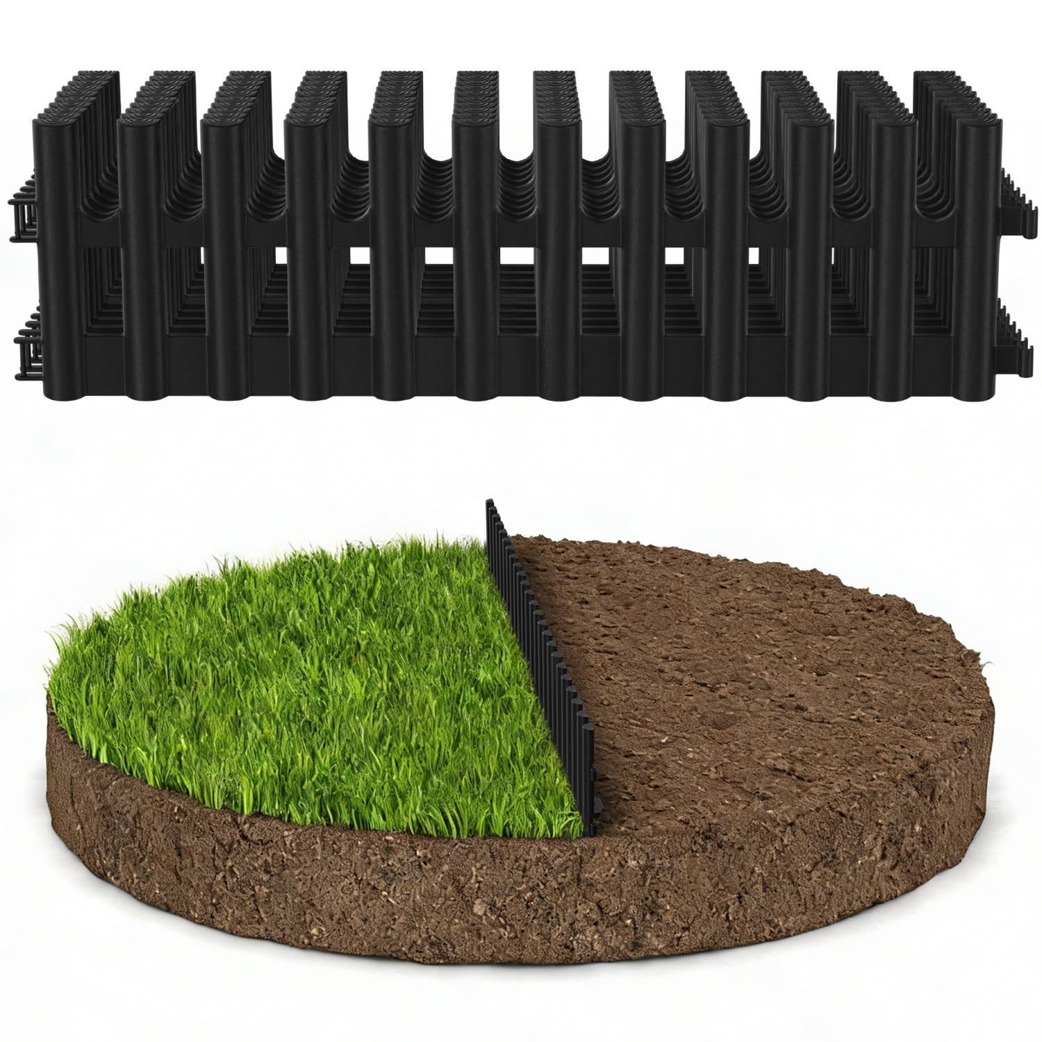 Plastik Rasenkante 12-teilig Set | 43x13 cm Hoch | Flexible Beetumrandung Garten | Witterungsbeständig Schwarz | Inklusive 24 Erdnägeln 20 cm