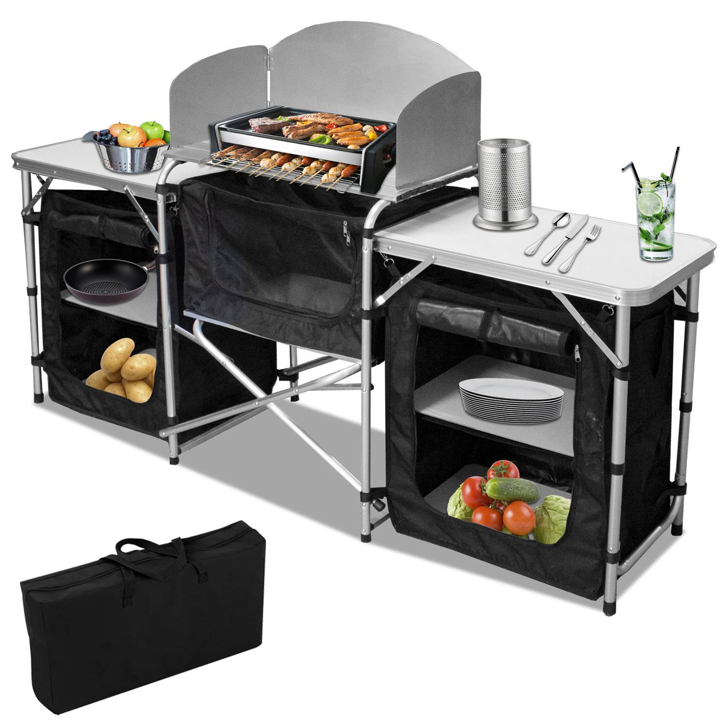 164,5 x 104 x 52 cm Campingküche Klappbar mit 3 Arbeitsplatten – Outdoor Küchenstation mit Stauraum, Faltbarer Campingschrank für Garten, Campin