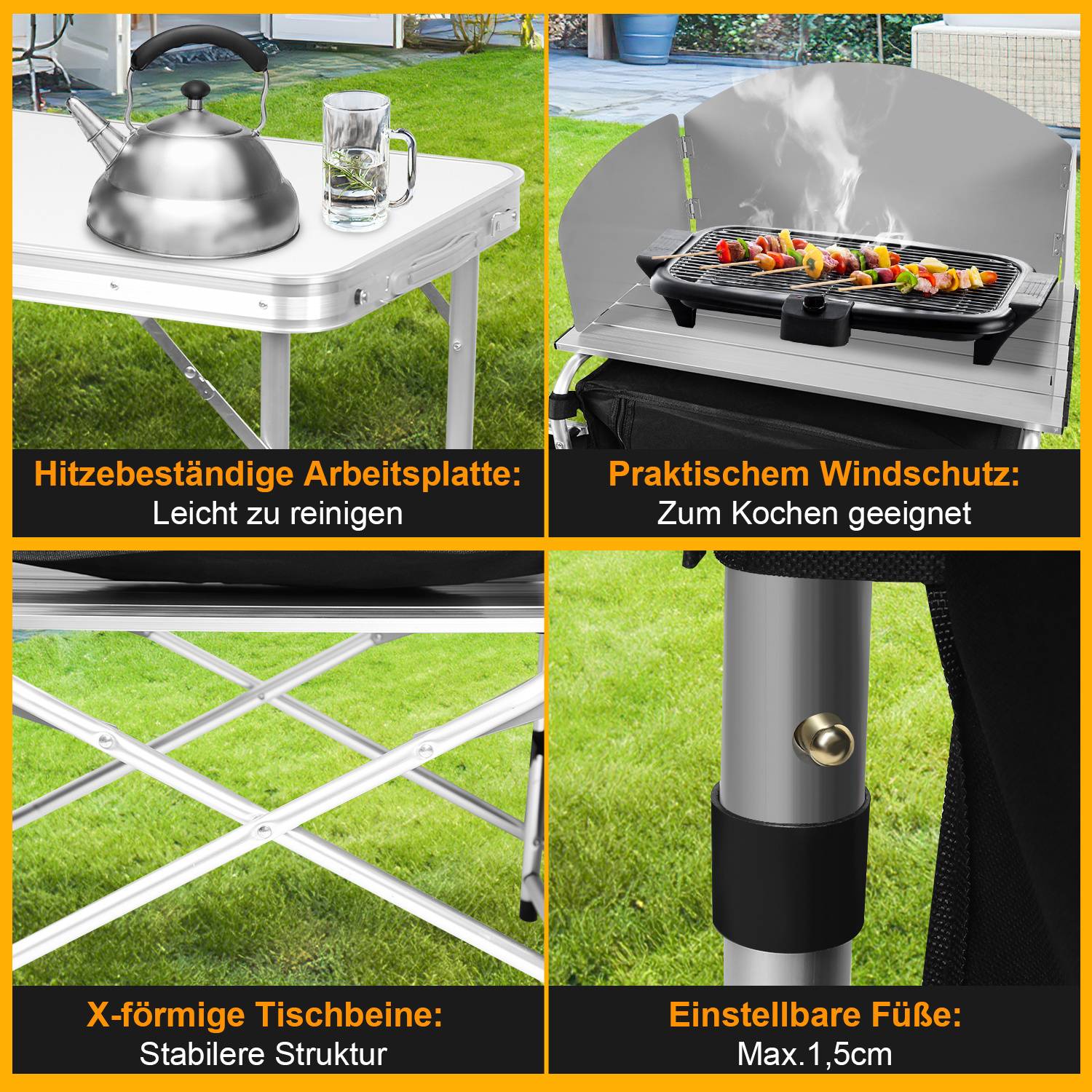 164,5 x 104 x 52 cm Campingküche Klappbar mit 3 Arbeitsplatten – Outdoor Küchenstation mit Stauraum, Faltbarer Campingschrank für Garten, Campin