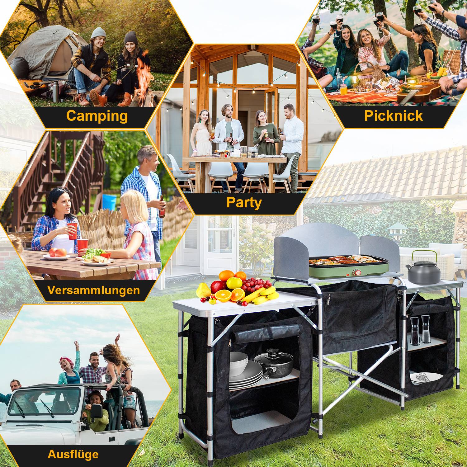 164,5 x 104 x 52 cm Campingküche Klappbar mit 3 Arbeitsplatten – Outdoor Küchenstation mit Stauraum, Faltbarer Campingschrank für Garten, Campin