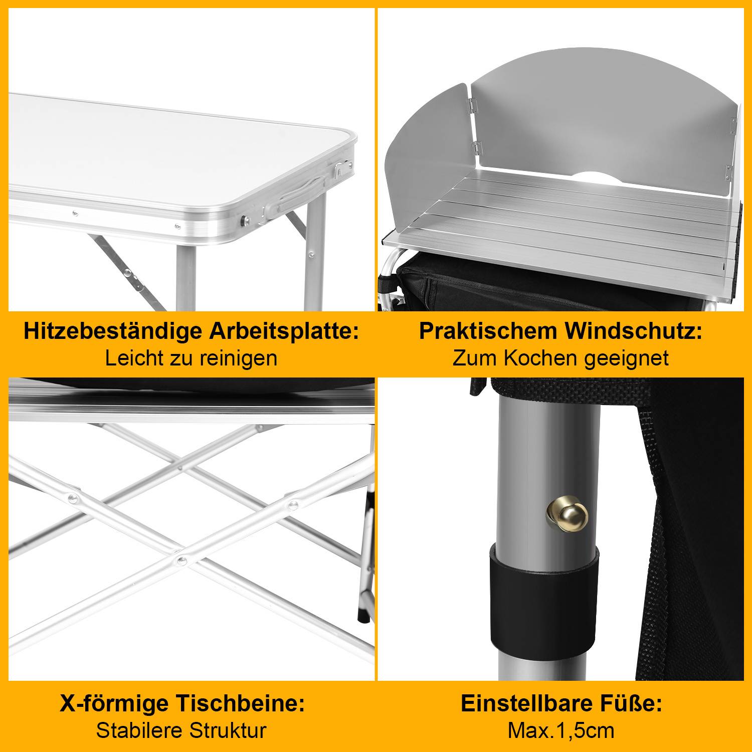 164,5 x 104 x 52 cm Campingküche Klappbar mit 3 Arbeitsplatten – Outdoor Küchenstation mit Stauraum, Faltbarer Campingschrank für Garten, Campin