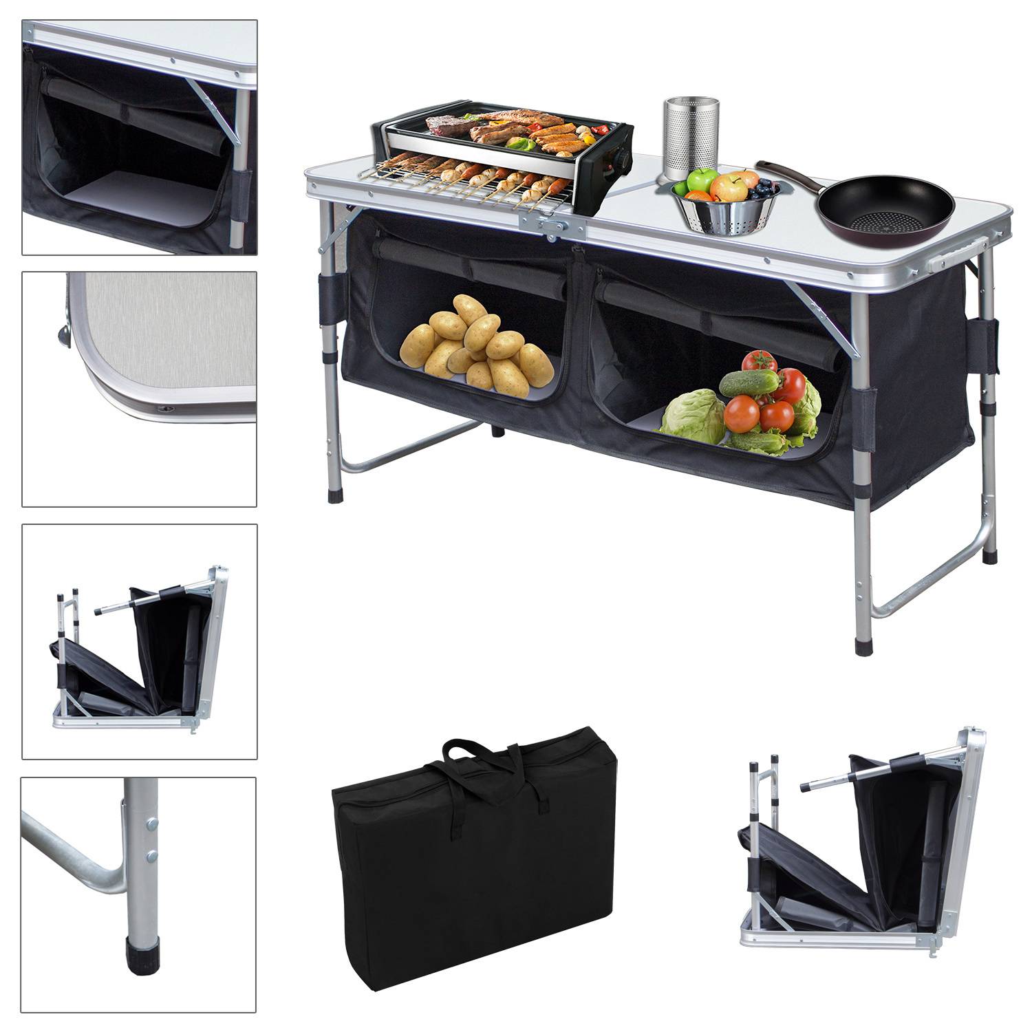 120 x 47 x 68 cm Faltbare Campingküche 2 Tische – Campingschrank Outdoor Küche Klapptisch mit Stauraum für Camping, Garten & Wohnmobil