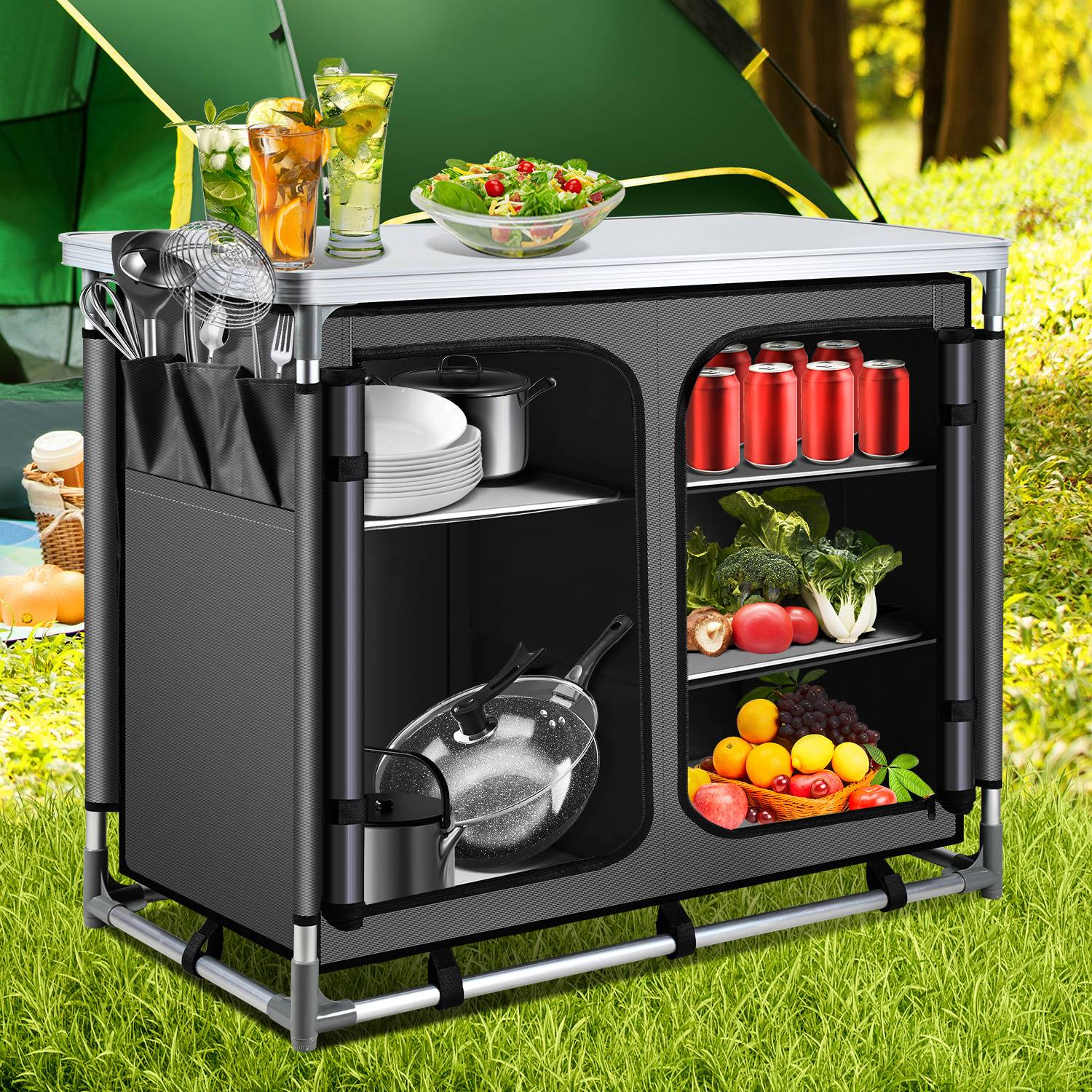 97 x 50 x 78 cm Campingküche mit 1 Arbeitsplatte, 5 Fächer, Anthrazit – Outdoor Campingschrank Küchenstation für Camping, Garten & Wohnmobil