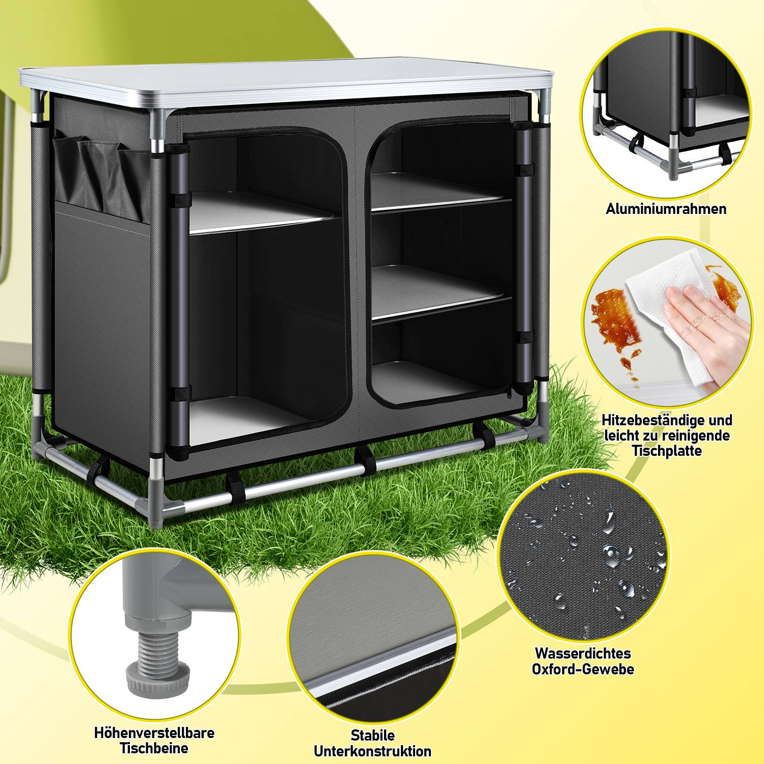 97 x 50 x 78 cm Campingküche mit 1 Arbeitsplatte, 5 Fächer, Anthrazit – Outdoor Campingschrank Küchenstation für Camping, Garten & Wohnmobil