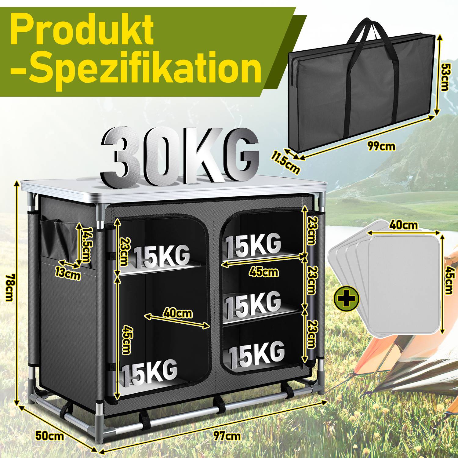 97 x 50 x 78 cm Campingküche mit 1 Arbeitsplatte, 5 Fächer, Anthrazit – Outdoor Campingschrank Küchenstation für Camping, Garten & Wohnmobil