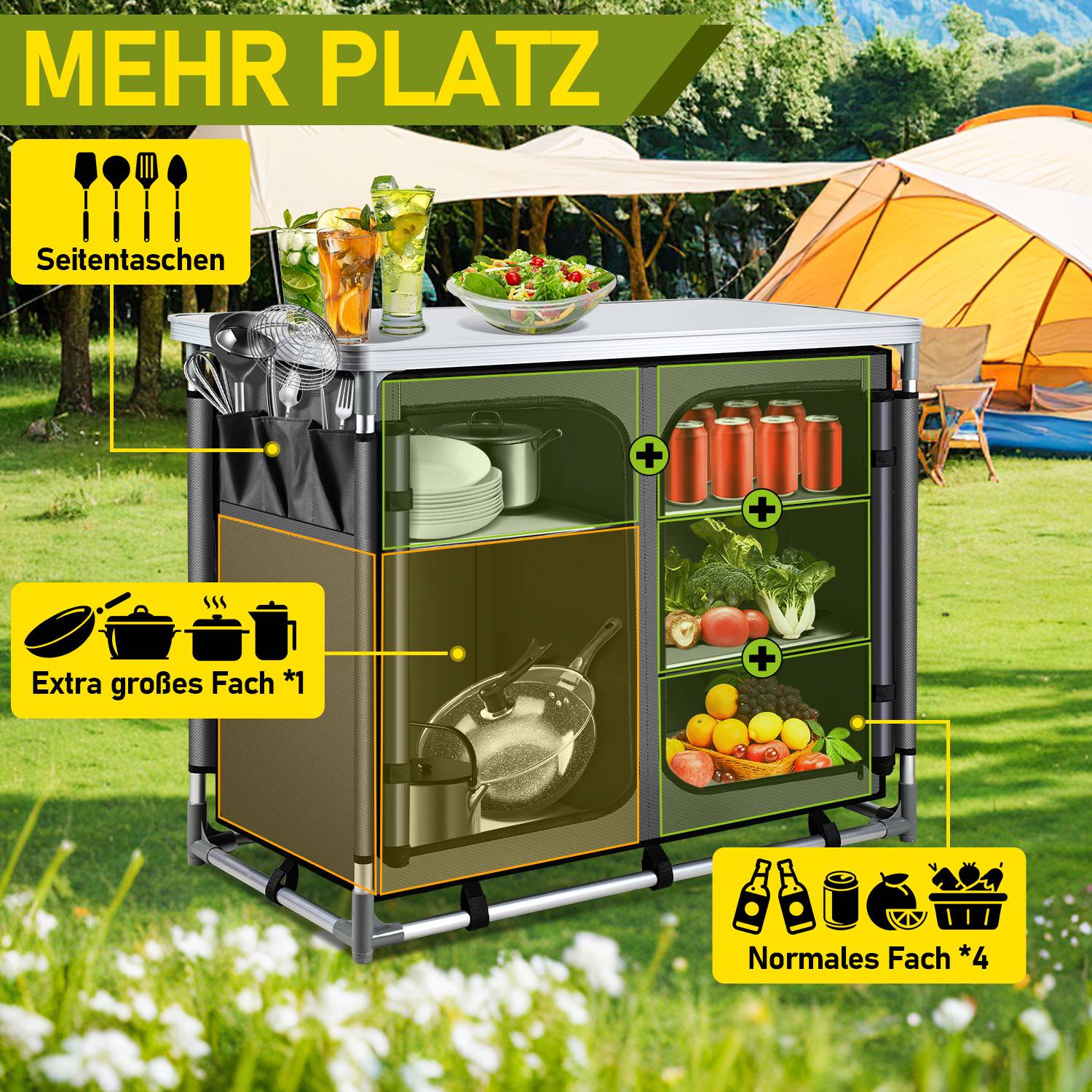 97 x 50 x 78 cm Campingküche mit 1 Arbeitsplatte, 5 Fächer, Anthrazit – Outdoor Campingschrank Küchenstation für Camping, Garten & Wohnmobil