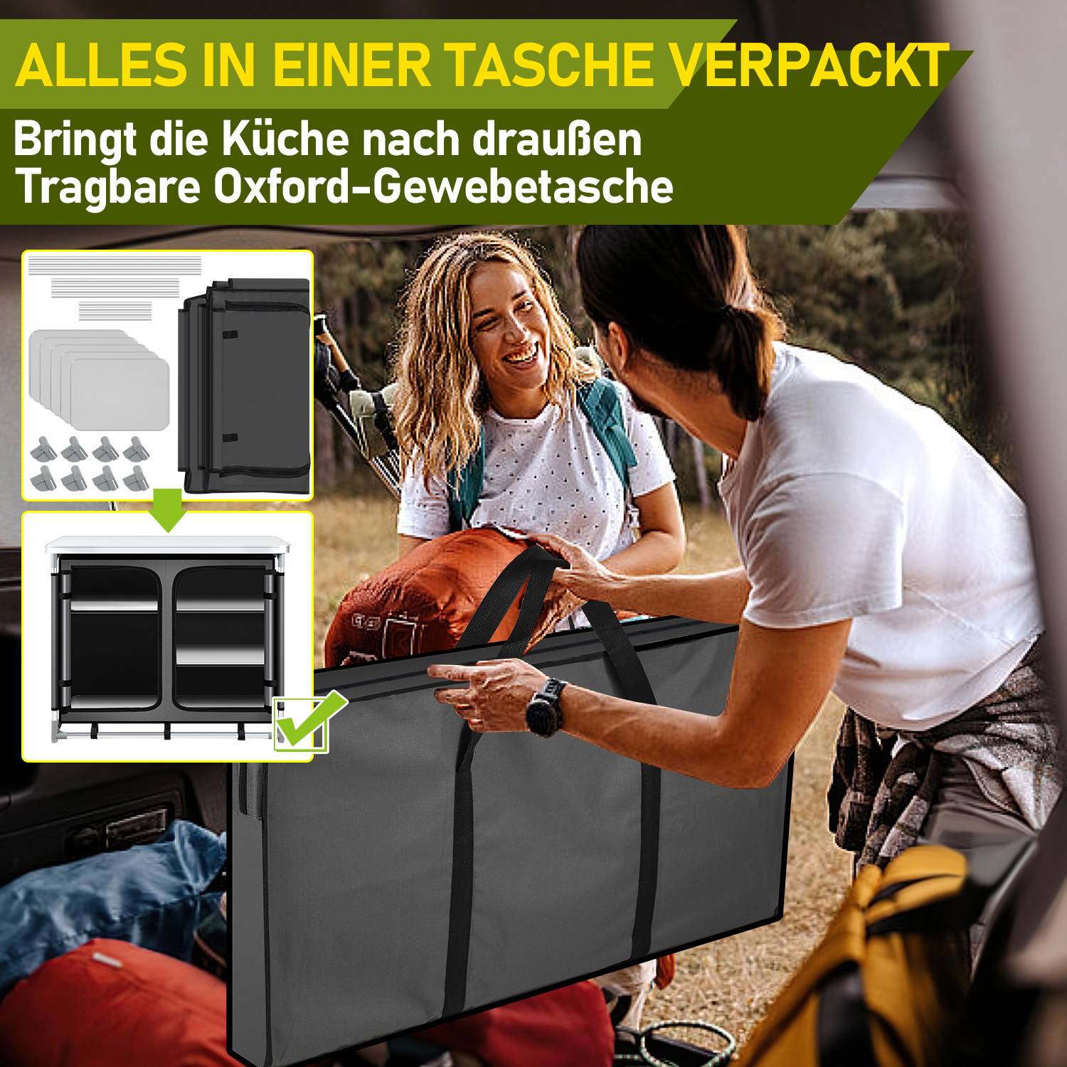 97 x 50 x 78 cm Campingküche mit 1 Arbeitsplatte, 5 Fächer, Anthrazit – Outdoor Campingschrank Küchenstation für Camping, Garten & Wohnmobil