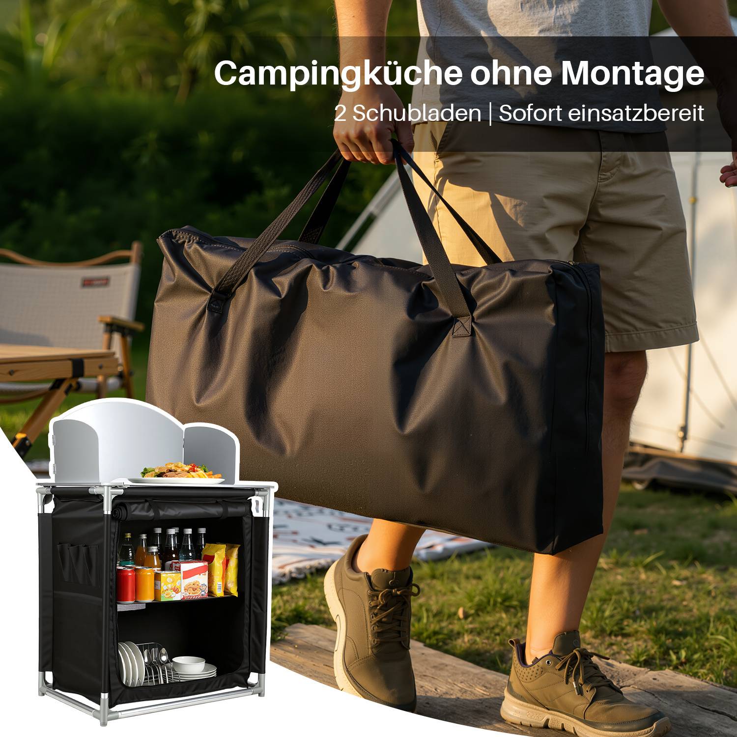80 x 76 x 56 cm Campingküche mit Aluminium-Tischplatte und Windschutz – Faltbare Outdoor Küchenstation für Camping, Garten & Wohnmobil