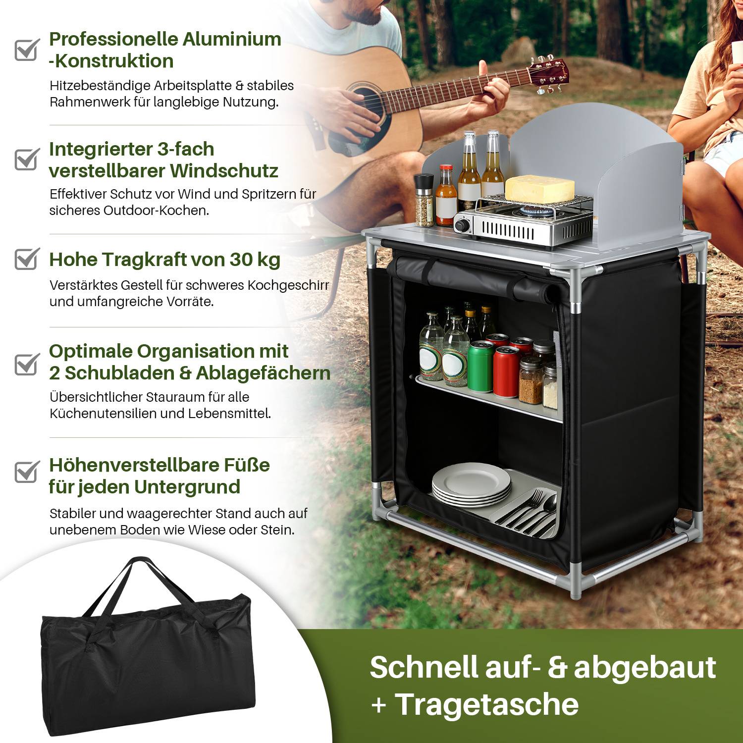 Campingküche mit 2 Schubladen, Outdoor Küchentisch mit Alu-Arbeitsplatte & Rand, stabile Campingbox 80x76x56cm für Wohnwagen, Schwarz