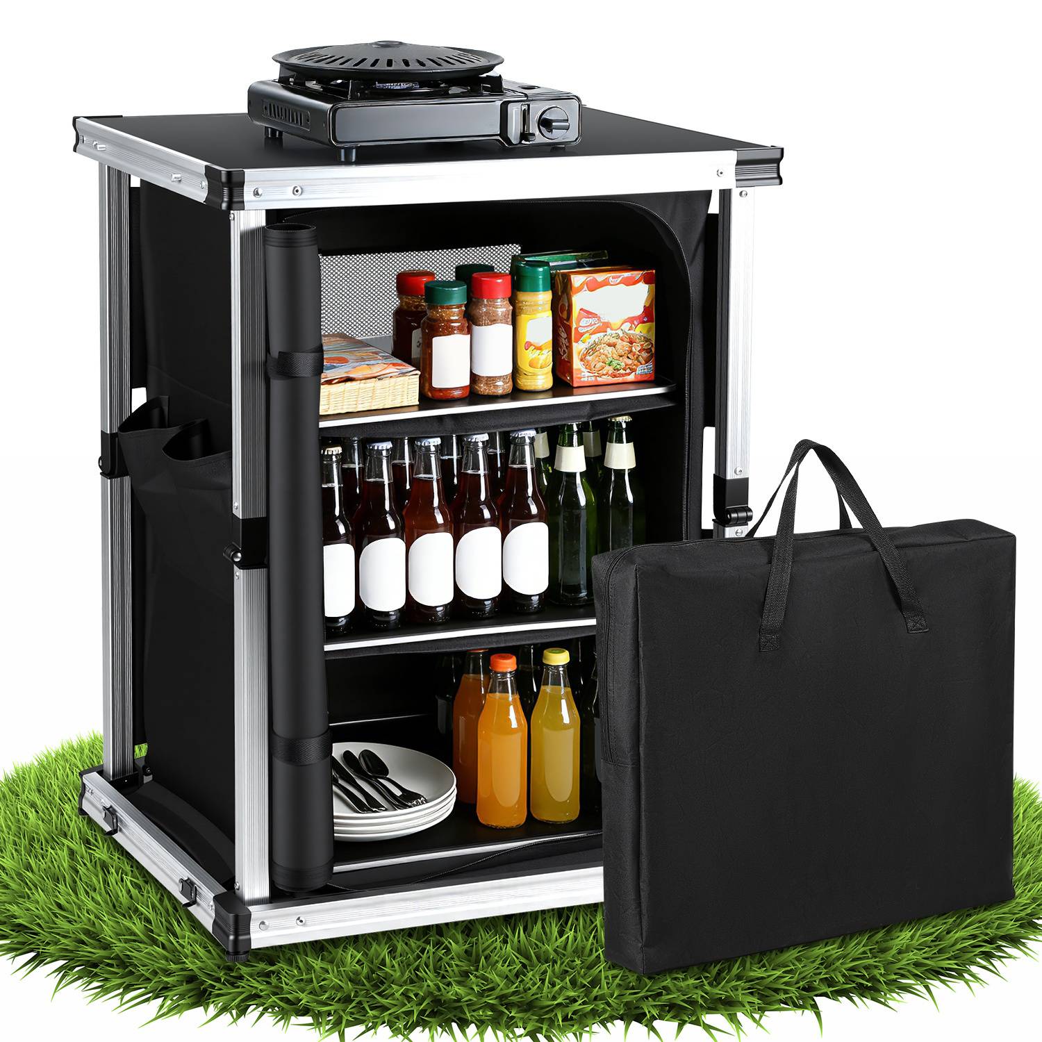 80 x 61 x 51 cm Campingküche Klappbar mit 1 Arbeitsplatte und 3 Schubladen, Schwarz – Outdoor Küchenstation für Camping, Garten & Wohnmobil