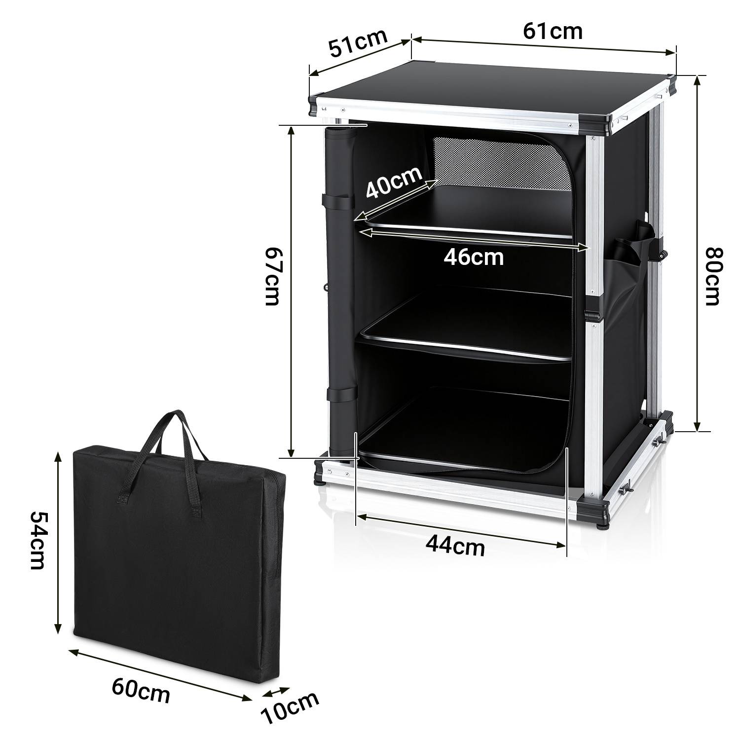 80 x 61 x 51 cm Campingküche Klappbar mit 1 Arbeitsplatte und 3 Schubladen, Schwarz – Outdoor Küchenstation für Camping, Garten & Wohnmobil