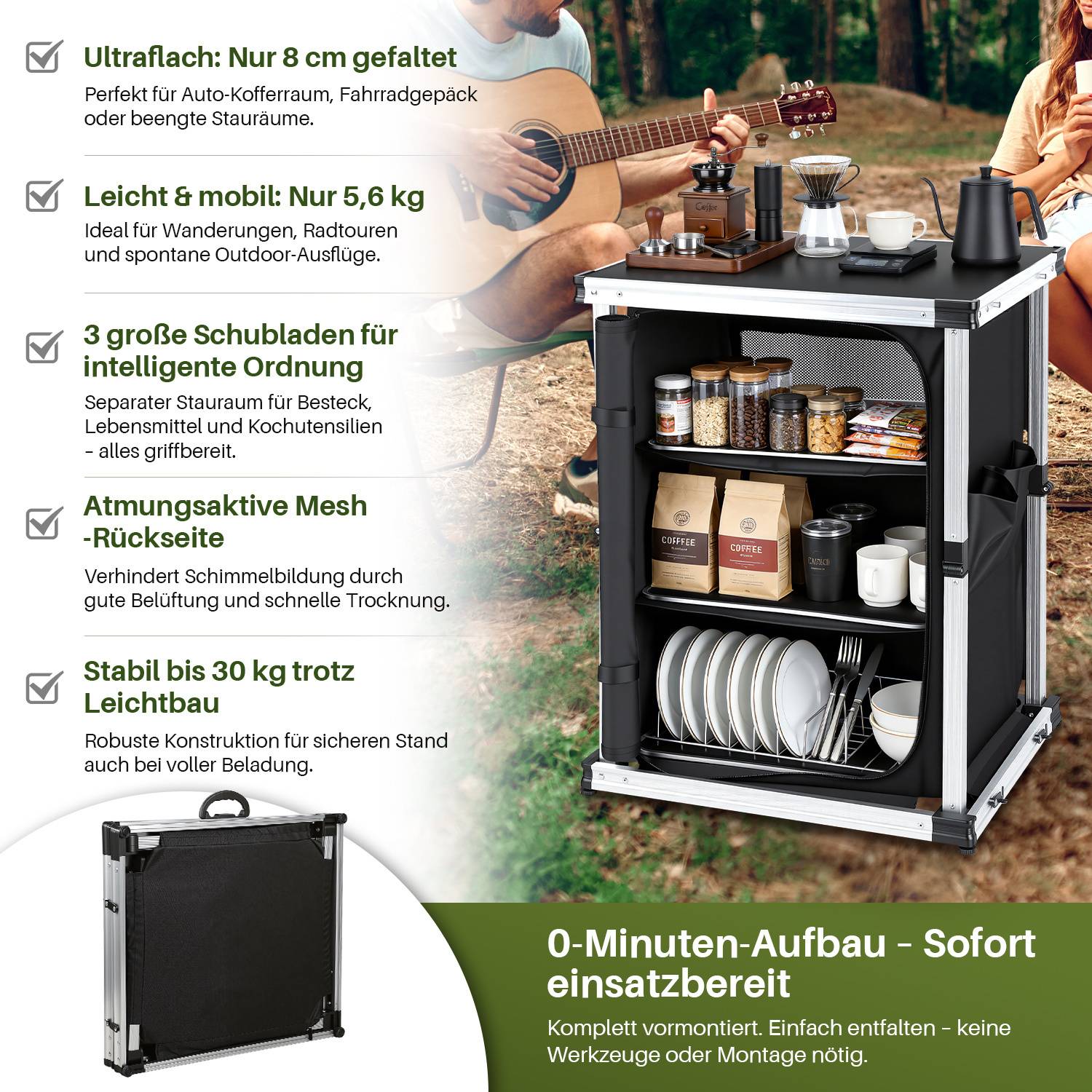 80 x 61 x 51 cm Campingküche Klappbar mit 1 Arbeitsplatte und 3 Schubladen, Schwarz – Outdoor Küchenstation für Camping, Garten & Wohnmobil