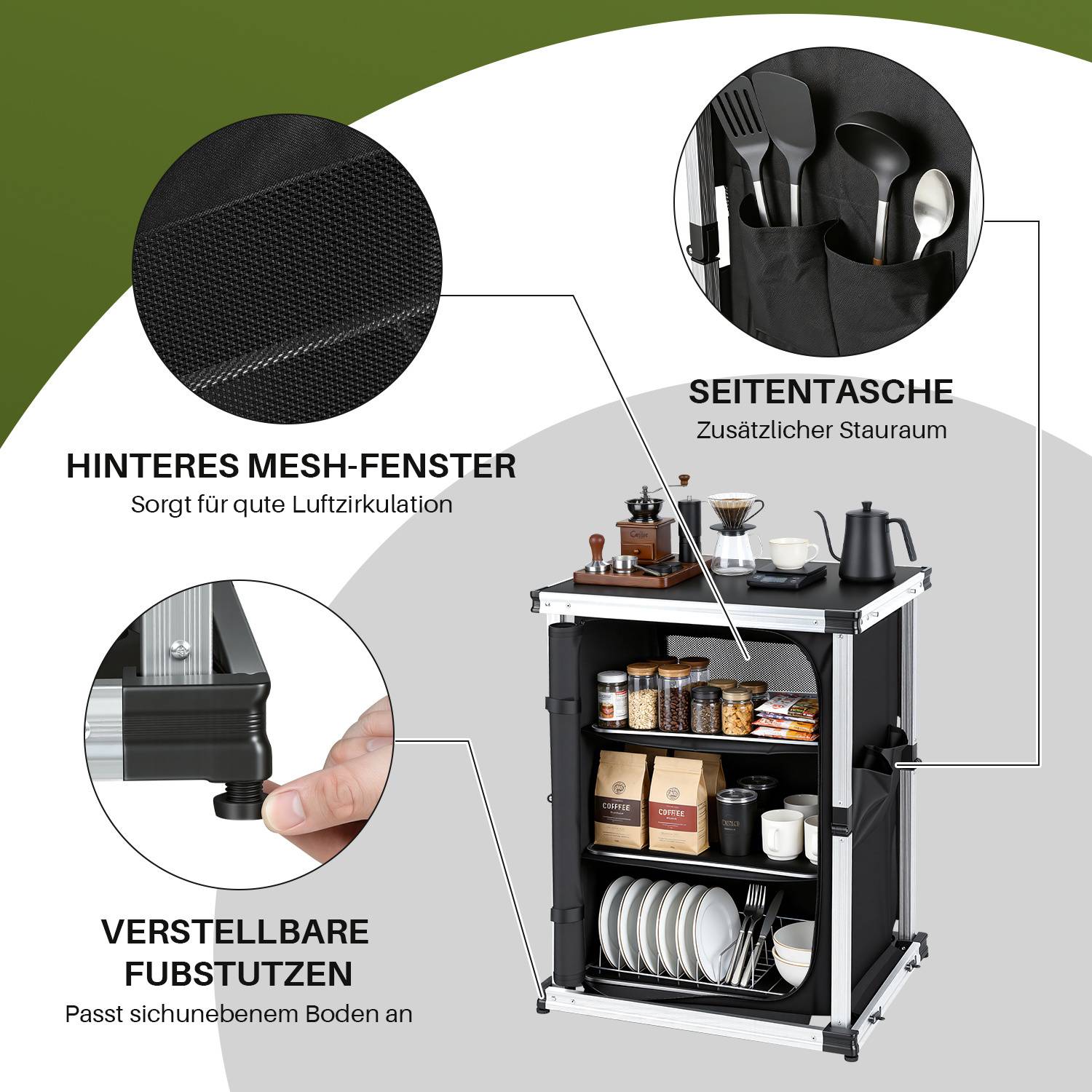 80 x 61 x 51 cm Campingküche Klappbar mit 1 Arbeitsplatte und 3 Schubladen, Schwarz – Outdoor Küchenstation für Camping, Garten & Wohnmobil