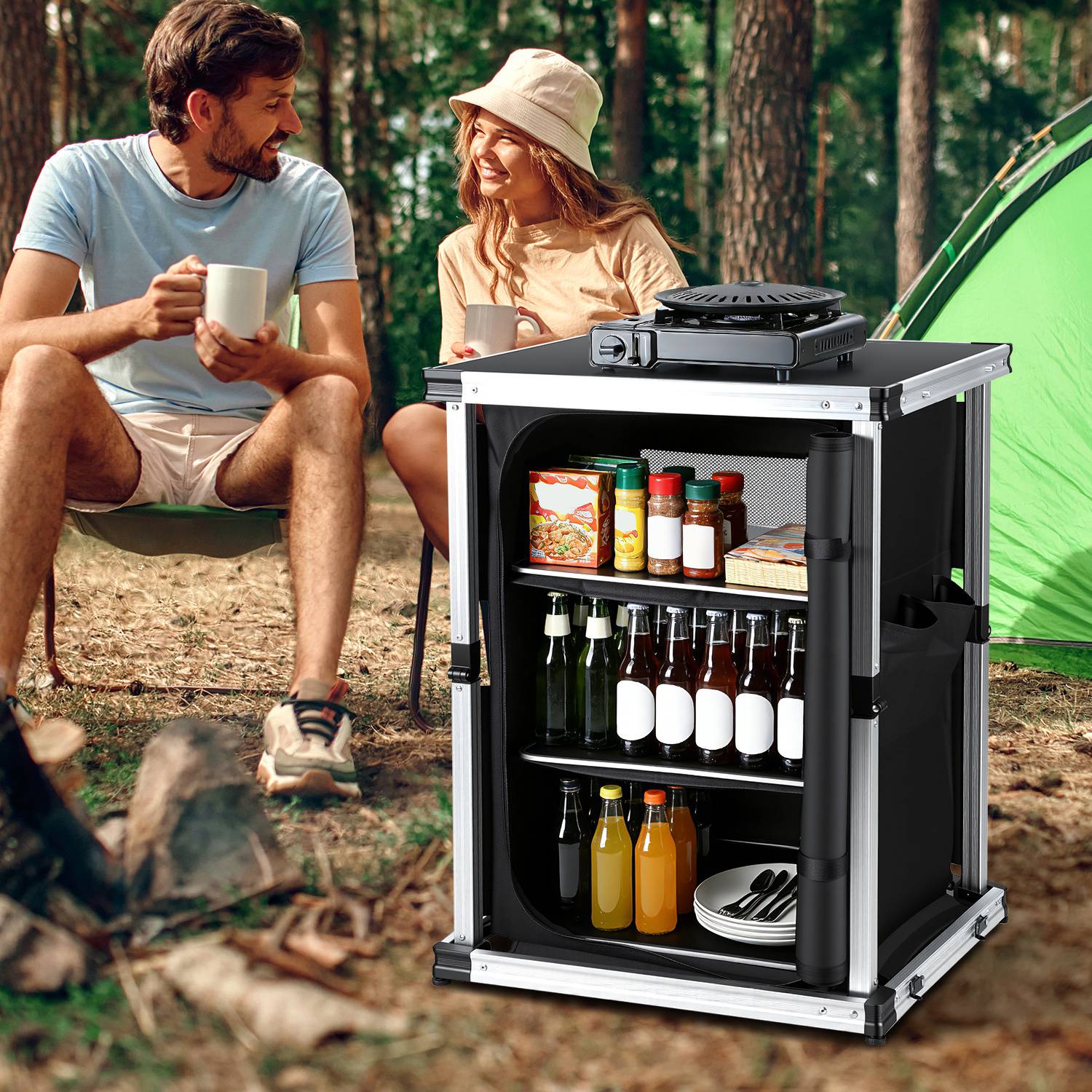 Campingküche klappbar mit 3 Schubladen, Outdoor Küchenbox mit Arbeitsplatte 80x61x51cm, tragbare Faltbare Campingbox für Urlaub & Wohnwagen, Schwar