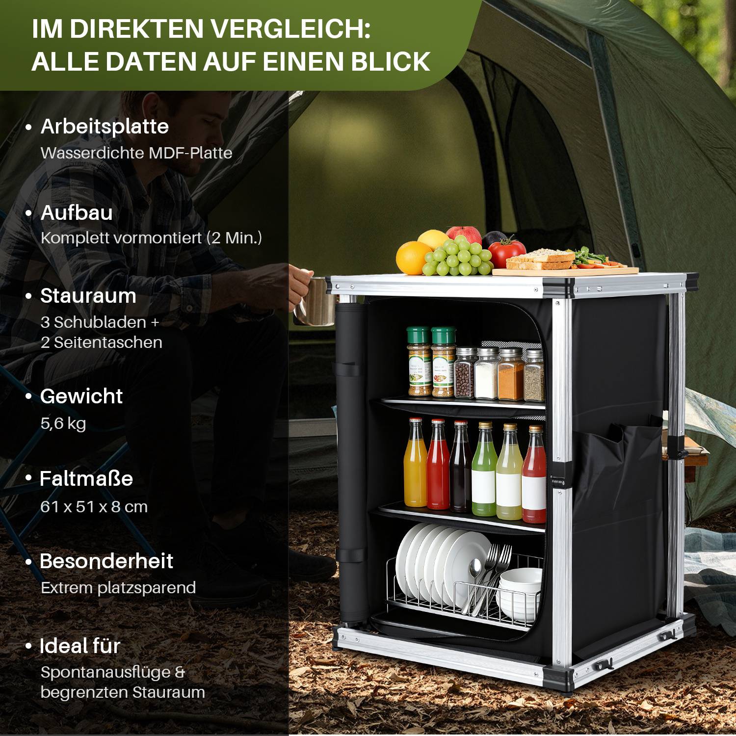 Campingküche klappbar mit 3 Schubladen, Outdoor Küchenbox mit Arbeitsplatte 80x61x51cm, tragbare Faltbare Campingbox für Urlaub & Wohnwagen, Schwar