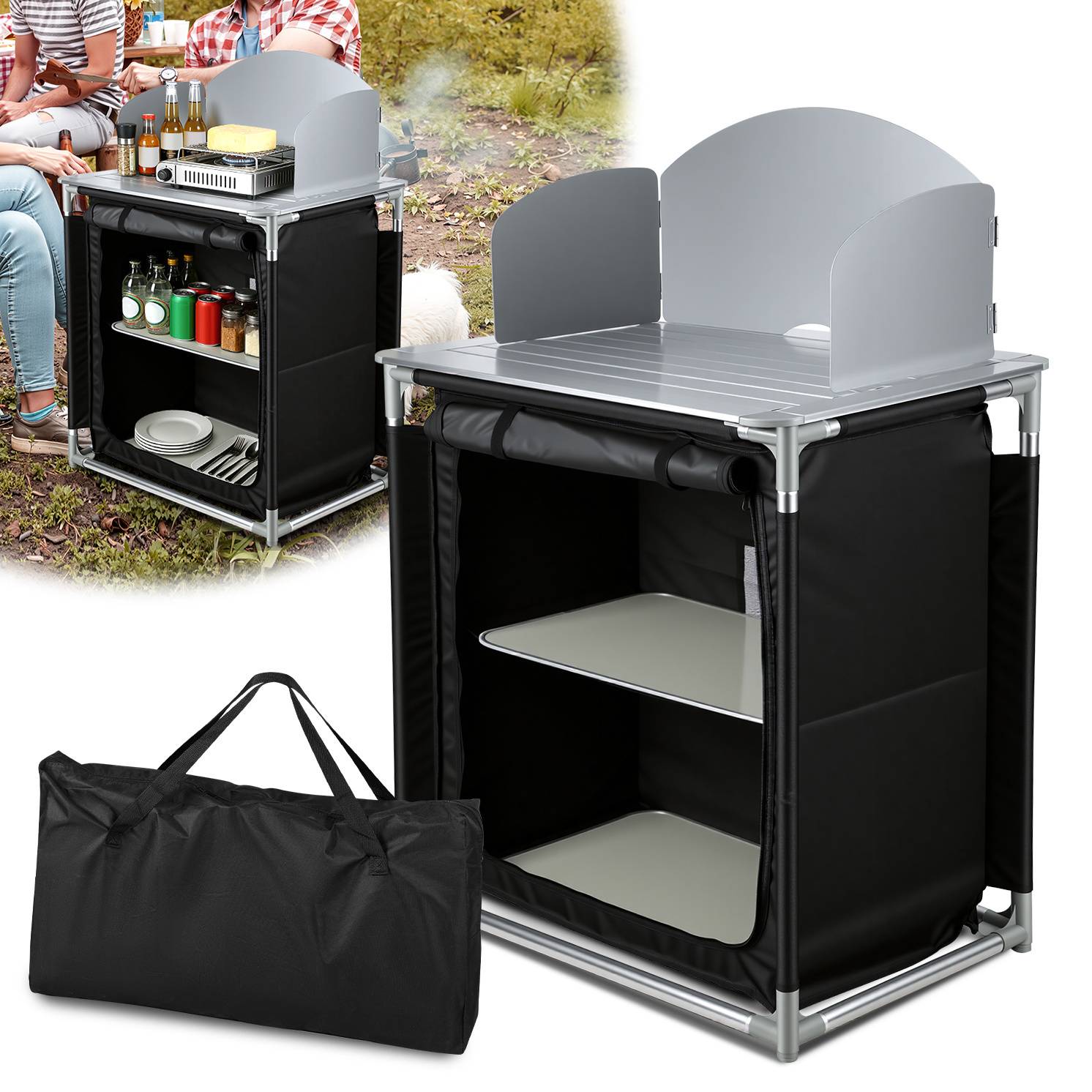 Campingküche mit 2 Schubladen, Outdoor Küchentisch mit Alu-Arbeitsplatte & Rand, stabile Campingbox 80x76x56cm für Wohnwagen, Schwarz