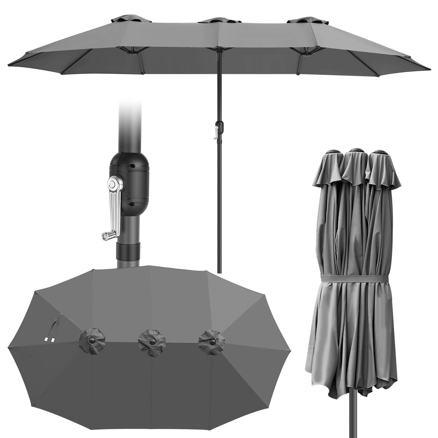 Dreikopf Sonnenschirm Grau XXL – Extra große Schirmfläche, 3-teiliges Design für maximale Beschattung im Garten