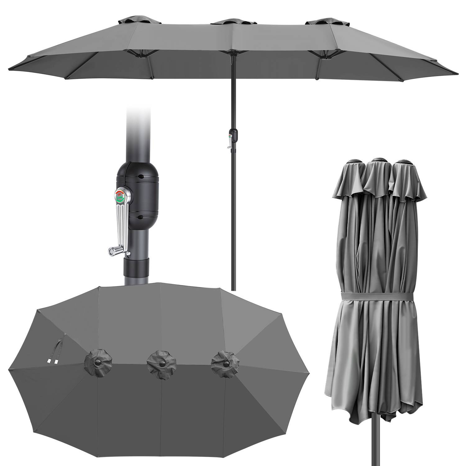 XXL Gartenschirm Grau – Dreifach Schirm mit besonders breiter Spannweite für Terrasse & Außenbereich