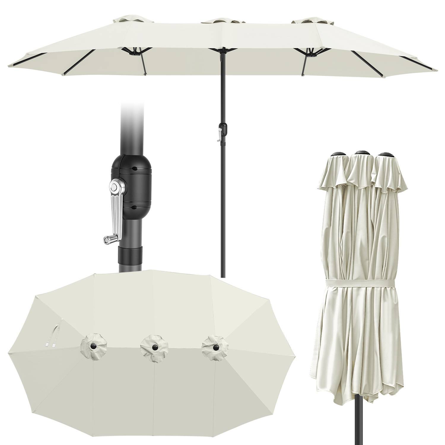Dreikopf Sonnenschirm Creme XXL – Extra breite Schirmfläche, ideal für große Terrassen und Gartenbereiche