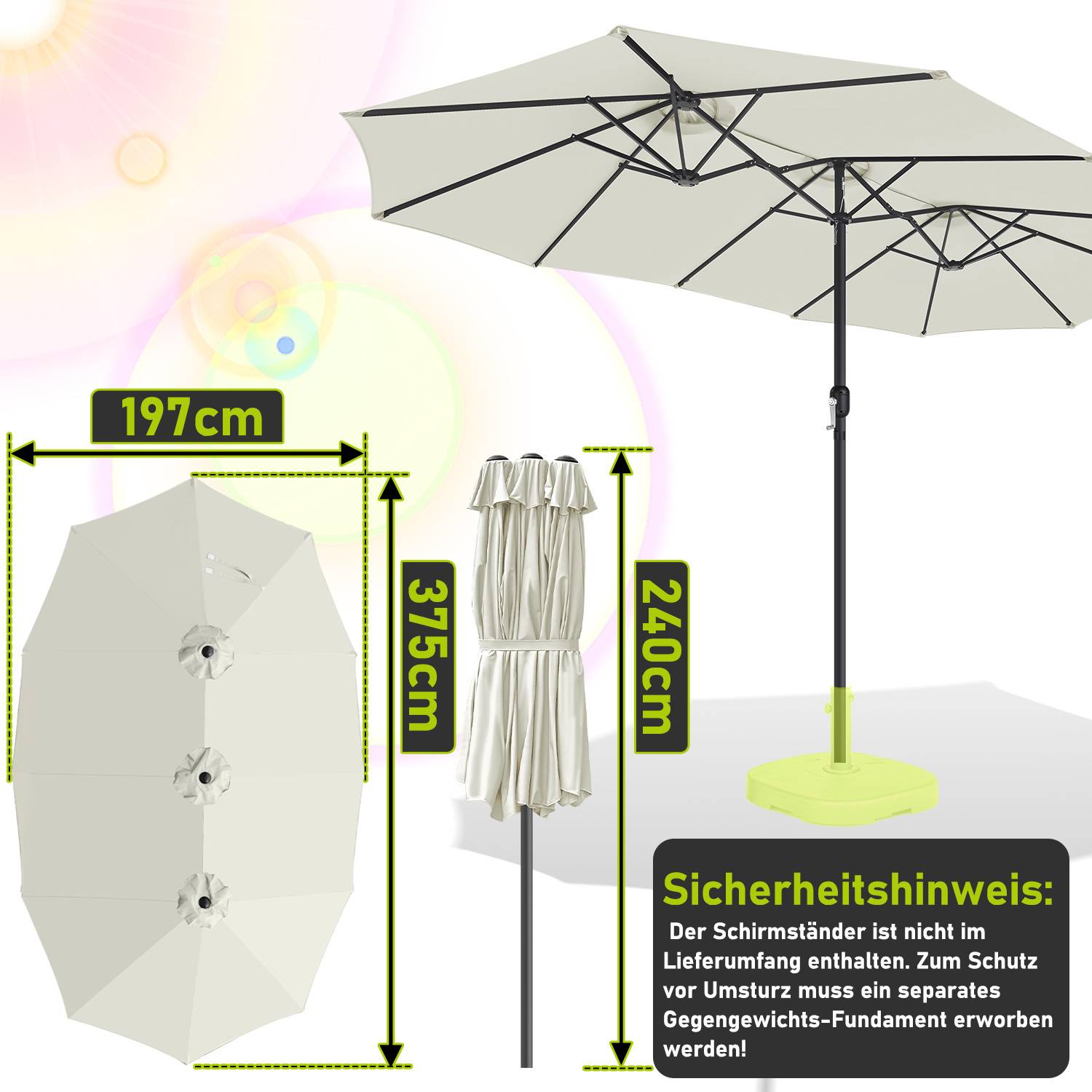 Dreikopf Sonnenschirm Creme XXL – Extra breite Schirmfläche, ideal für große Terrassen und Gartenbereiche