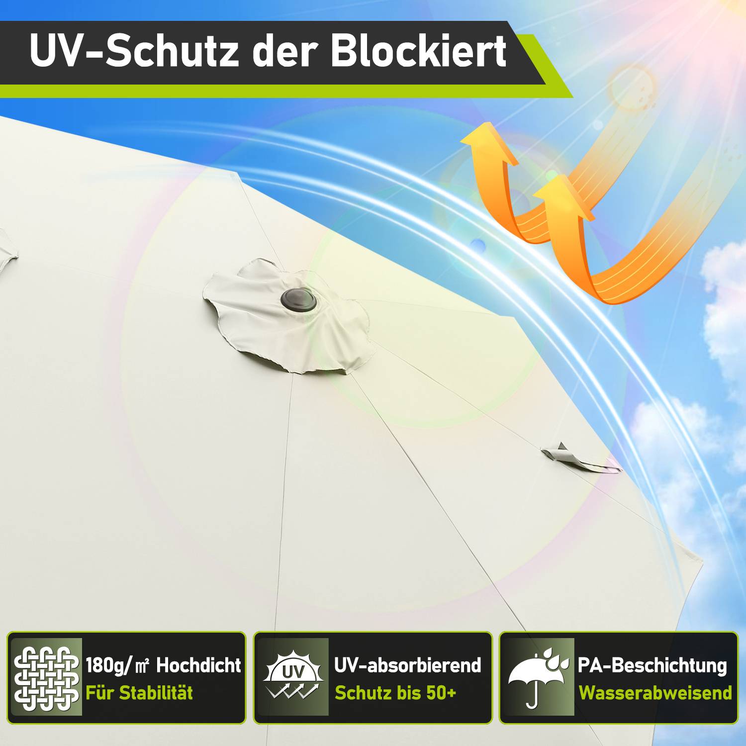 Dreikopf Sonnenschirm Creme XXL – Extra breite Schirmfläche, ideal für große Terrassen und Gartenbereiche