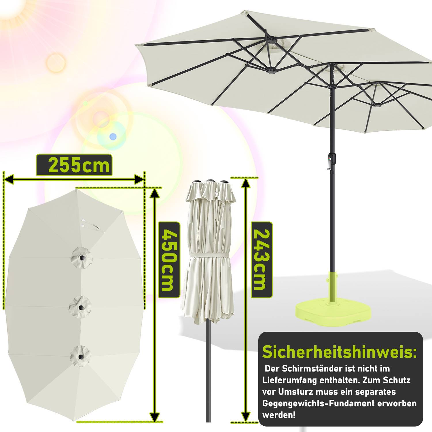 XXL Sonnenschirm Naturweiß – 3-teiliger Marktschirm mit maximaler Schattenfläche für Balkon & Garten