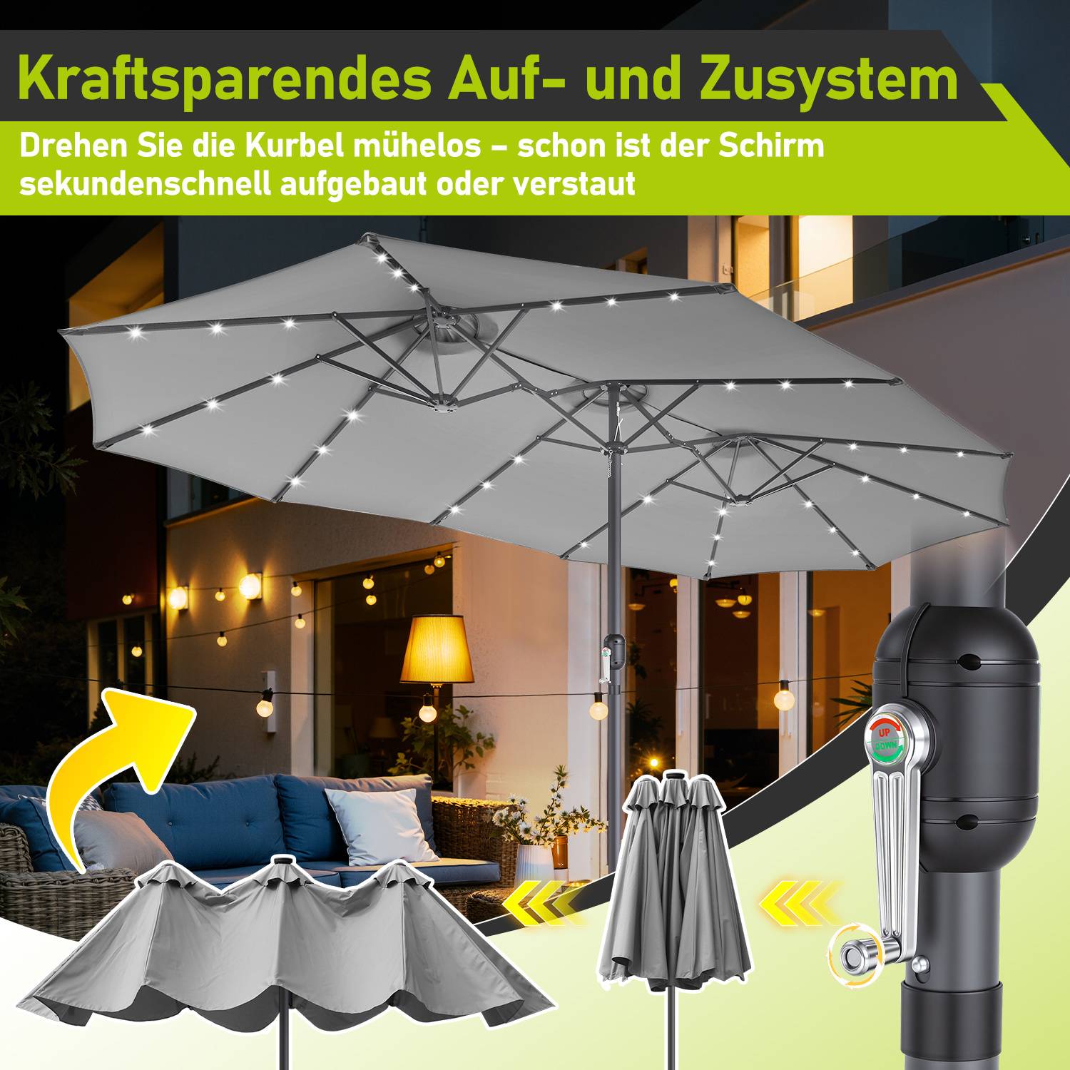 XXL Sonnenschirm Grau mit LED-Licht – 3-Schirm-Design, besonders breite Spannweite, ideal für große Terrassenflächen