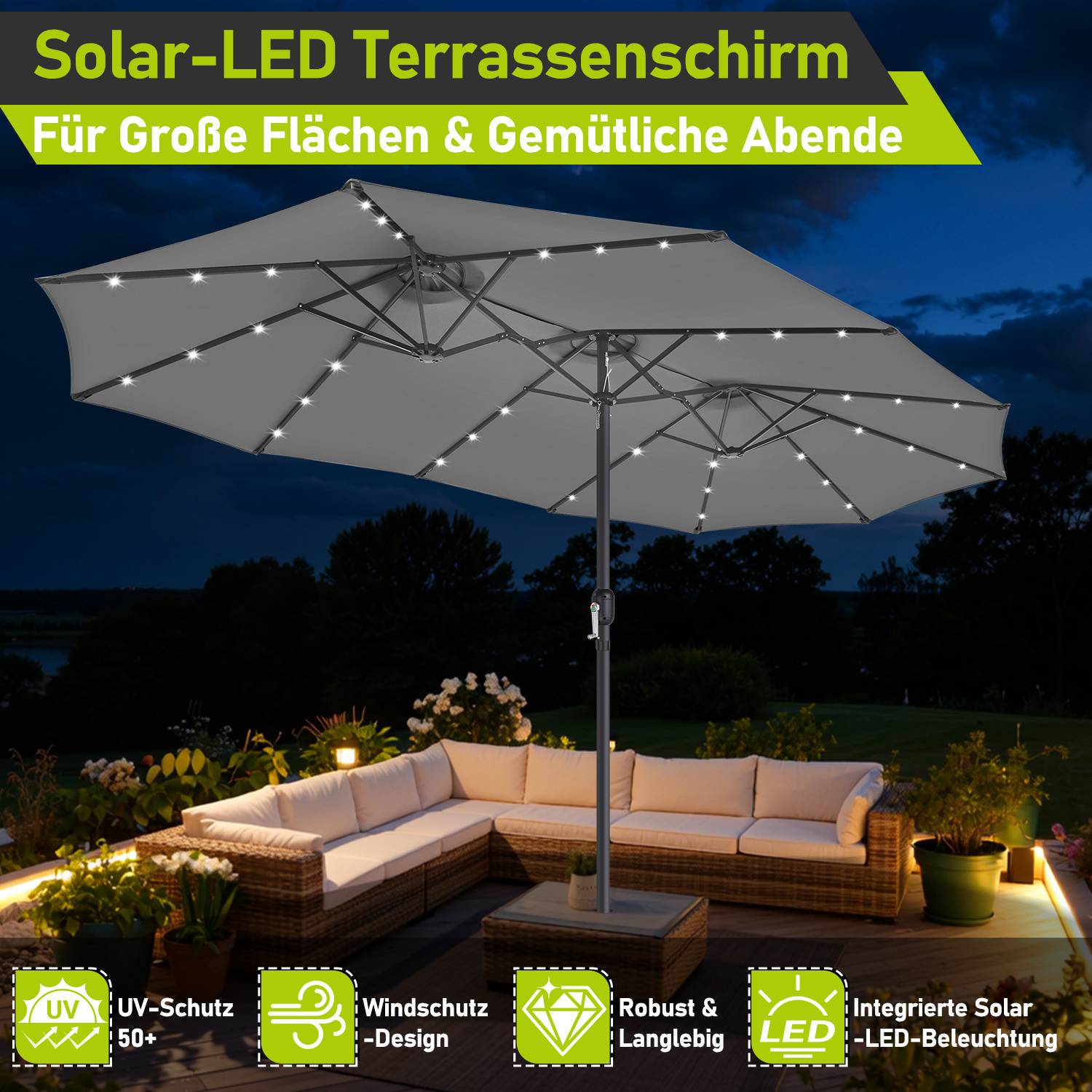 Dreikopf Sonnenschirm Grau mit LED-Beleuchtung – Extra große Schirmfläche für Garten & Terrasse, stabiler 3-teiliger Marktschirm