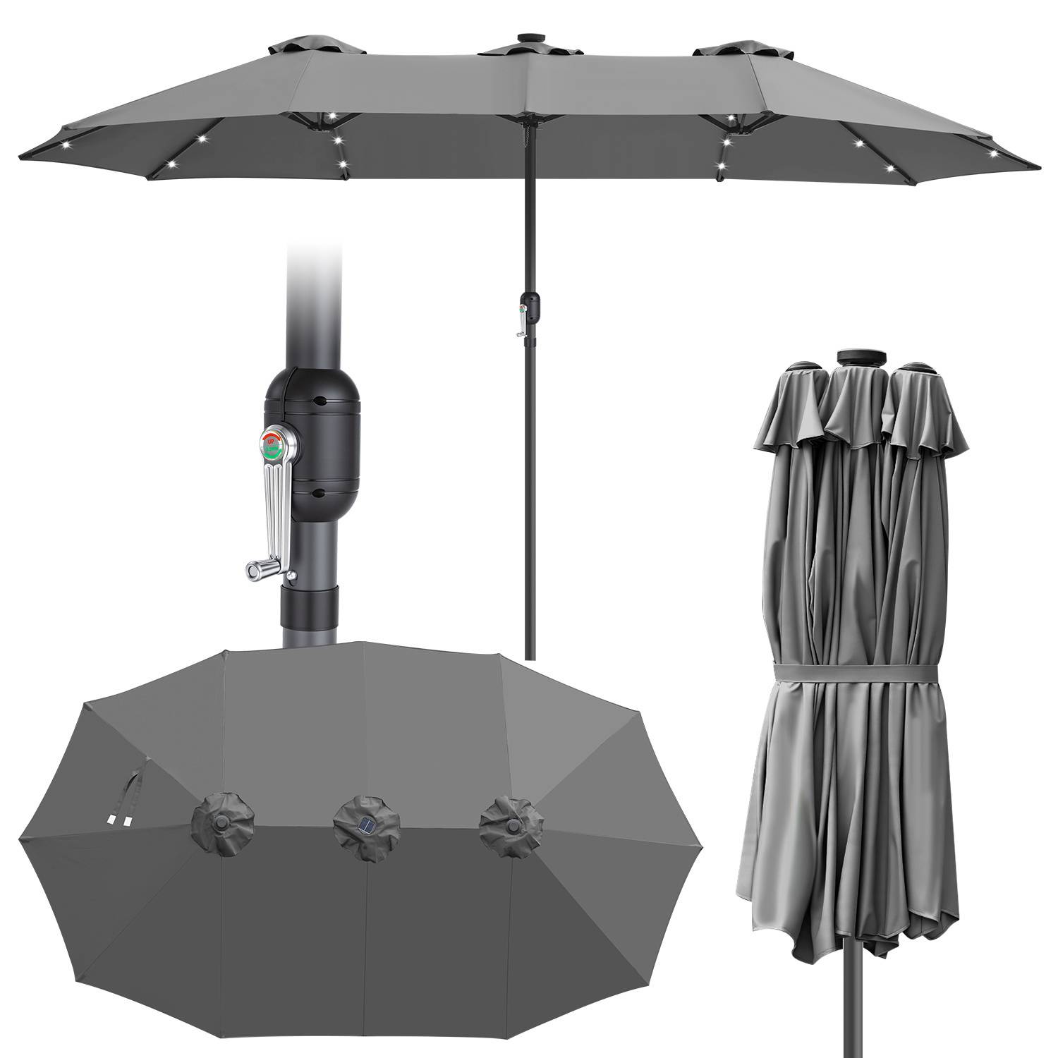 XXL Sonnenschirm Grau mit LED-Licht – 3-Schirm-Design, besonders breite Spannweite, ideal für große Terrassenflächen
