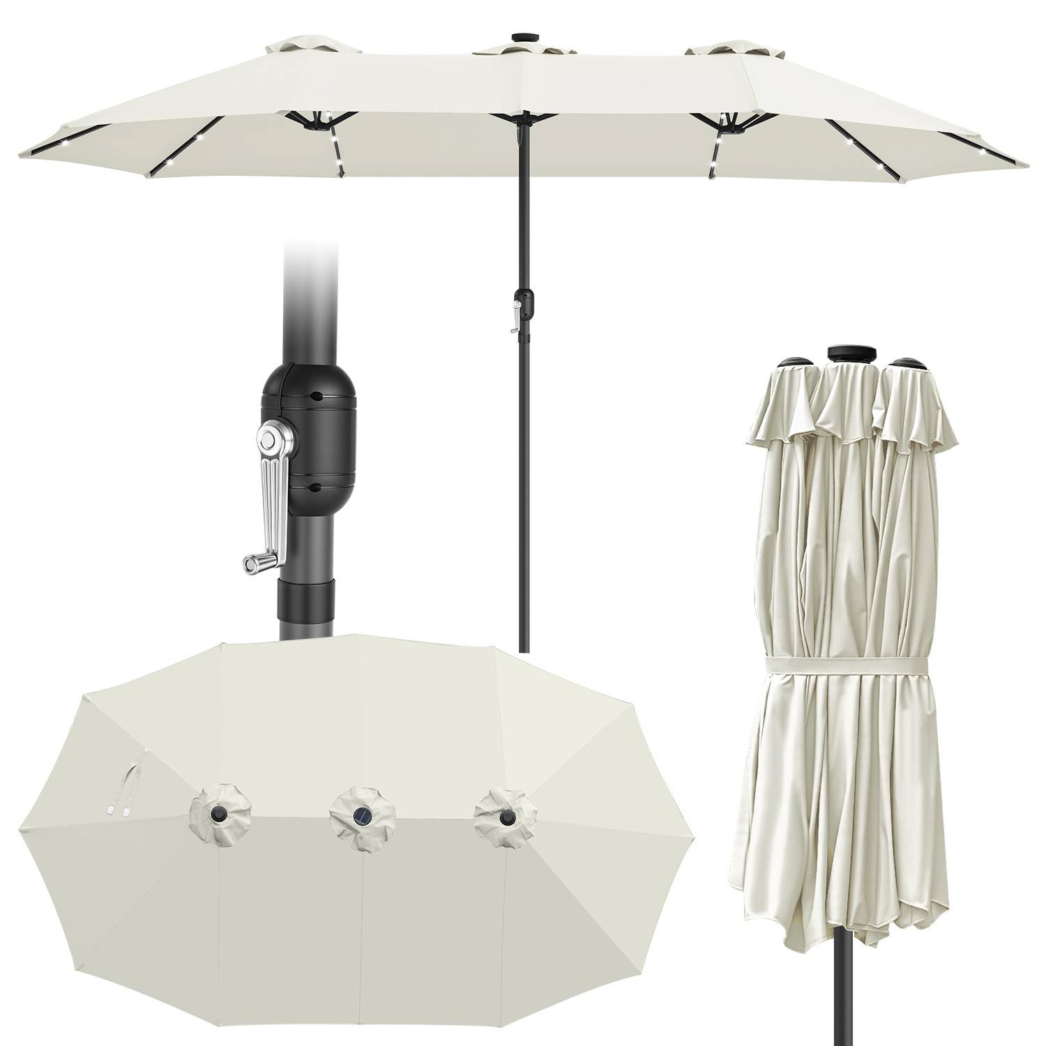 Dreiteiliger Sonnenschirm Creme mit LED – Extra breite Schirmfläche, XXL Gartenschirm mit Beleuchtung für Terrasse & Balkon