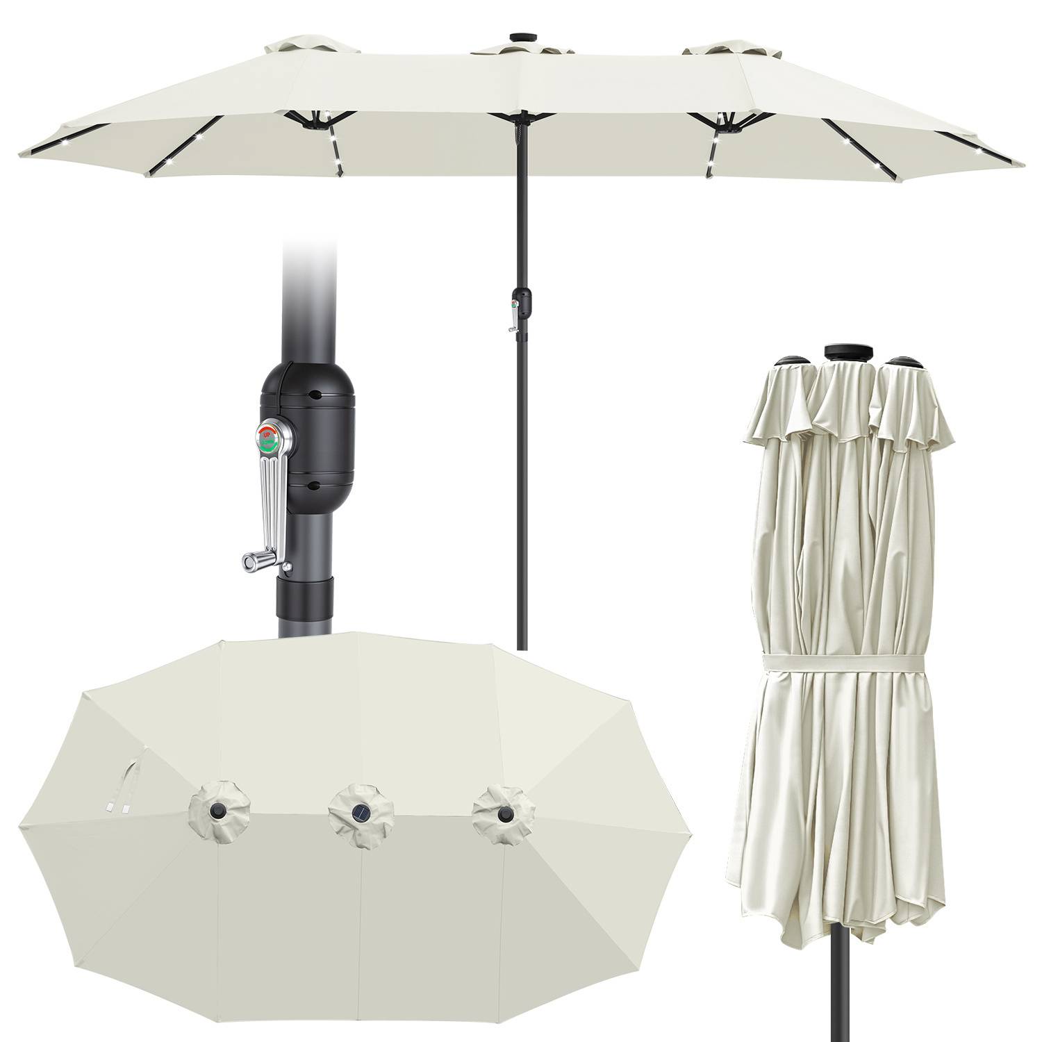 XXL Sonnenschirm Naturweiß mit LED-Beleuchtung – Dreikopf Design für maximalen Schatten, besonders große Spannweite