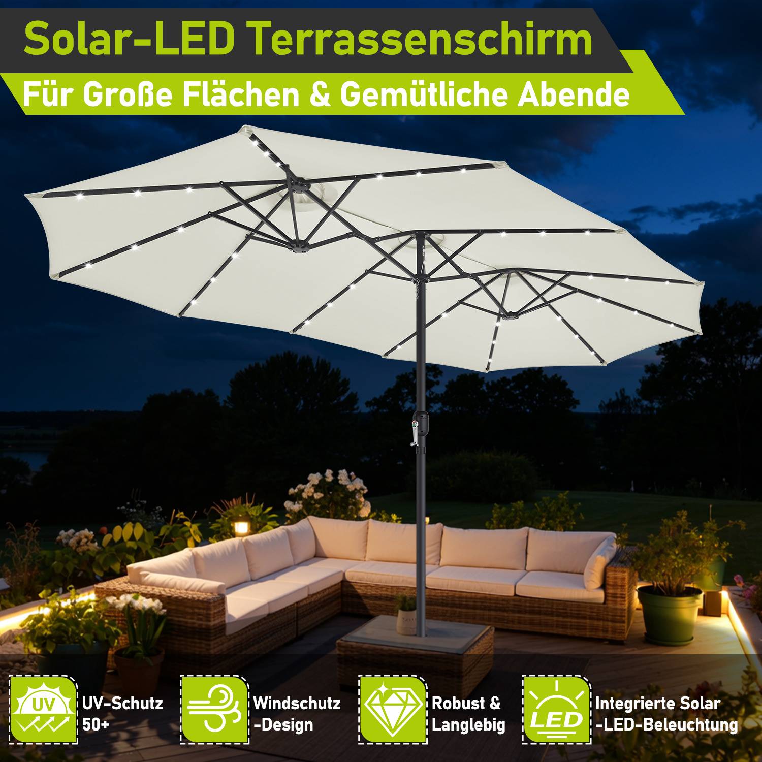 XXL Sonnenschirm Naturweiß mit LED-Beleuchtung – Dreikopf Design für maximalen Schatten, besonders große Spannweite