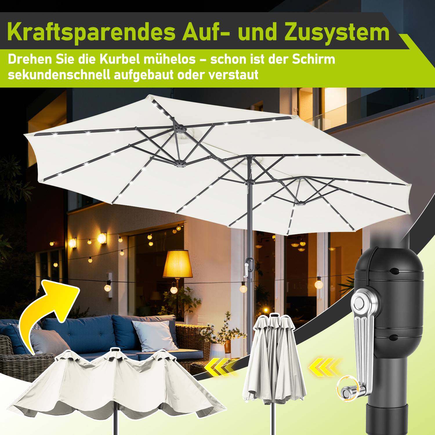 XXL Sonnenschirm Naturweiß mit LED-Beleuchtung – Dreikopf Design für maximalen Schatten, besonders große Spannweite