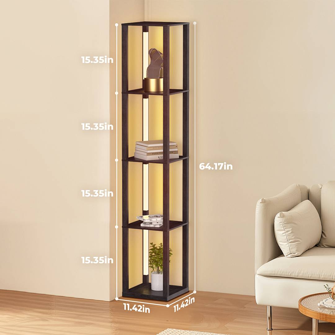 Stehlampe mit 4 LED-Stangen & Quadrat 4 Regalen, Dimmbare Standleuchte mit Fußschalter, mit 3-stufig dimmbaren LED-Leuchten 163cm Stehleuchte für Wo