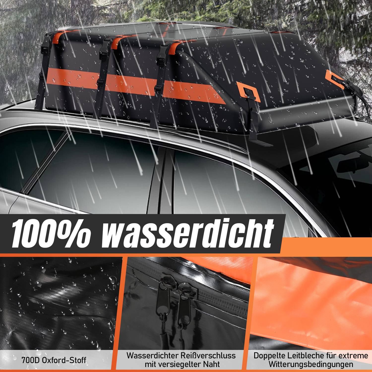 Dachgepäcktasche 21 Cubic Feet 700D Oxford Wasserdicht mit 8 Spanngurten & 6 Türhaken 132x101x42cm