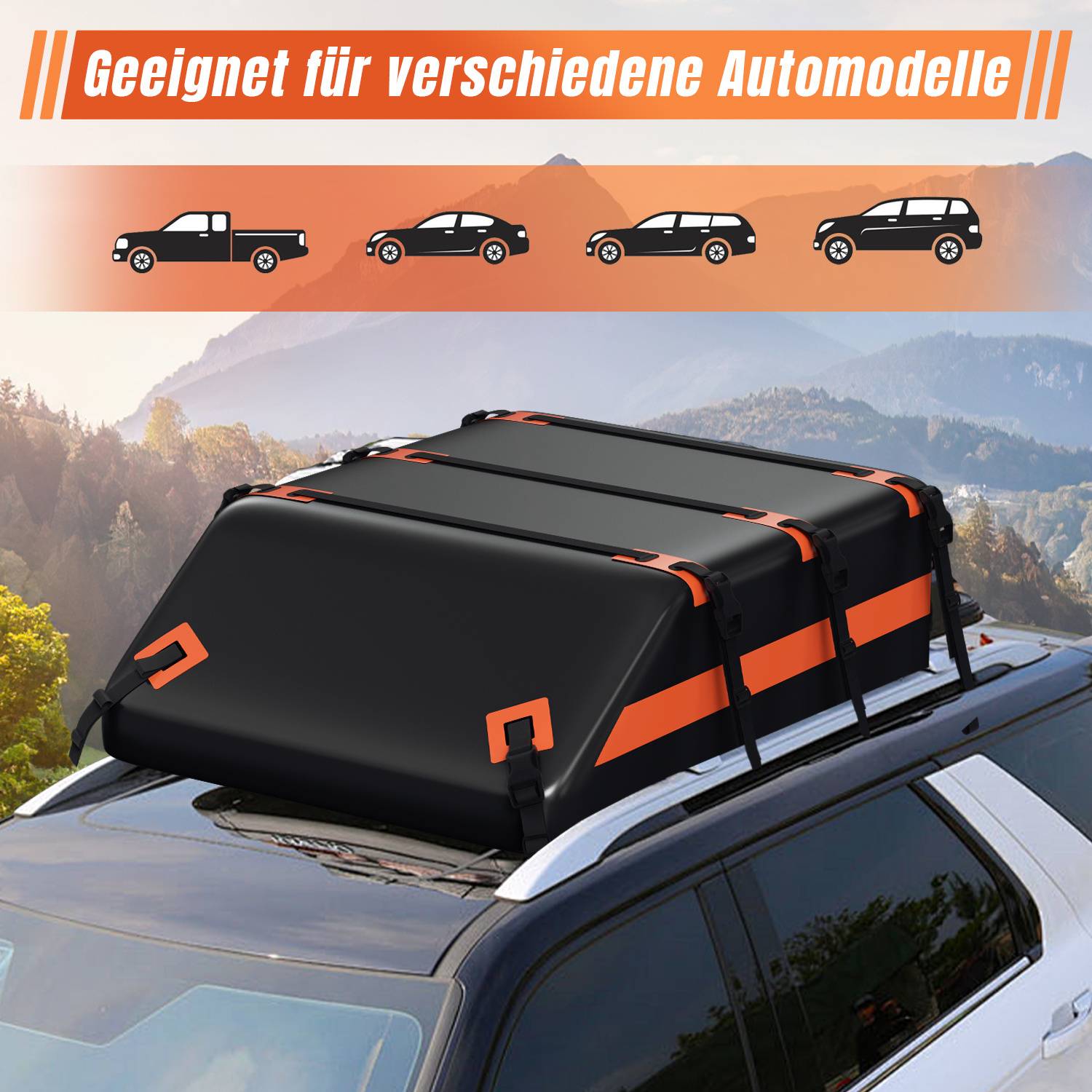 Auto Dachgepäckbox 21 Cuft 700D Wasserdicht 132x101x42cm mit 8 Gurten & Antirutschmatte für SUV PKW