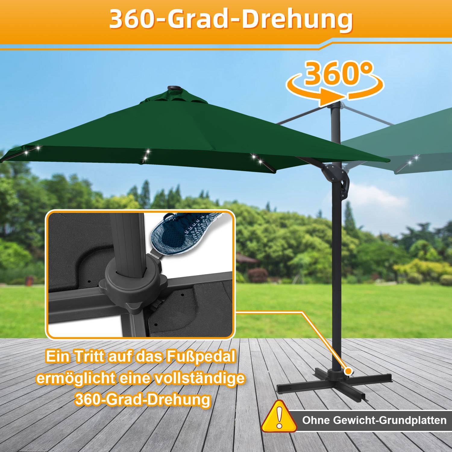 Sonnenschirm Grün mit LED-Licht – Ø300 cm Gartenschirm mit Kurbel, UV-beständig & wetterfest