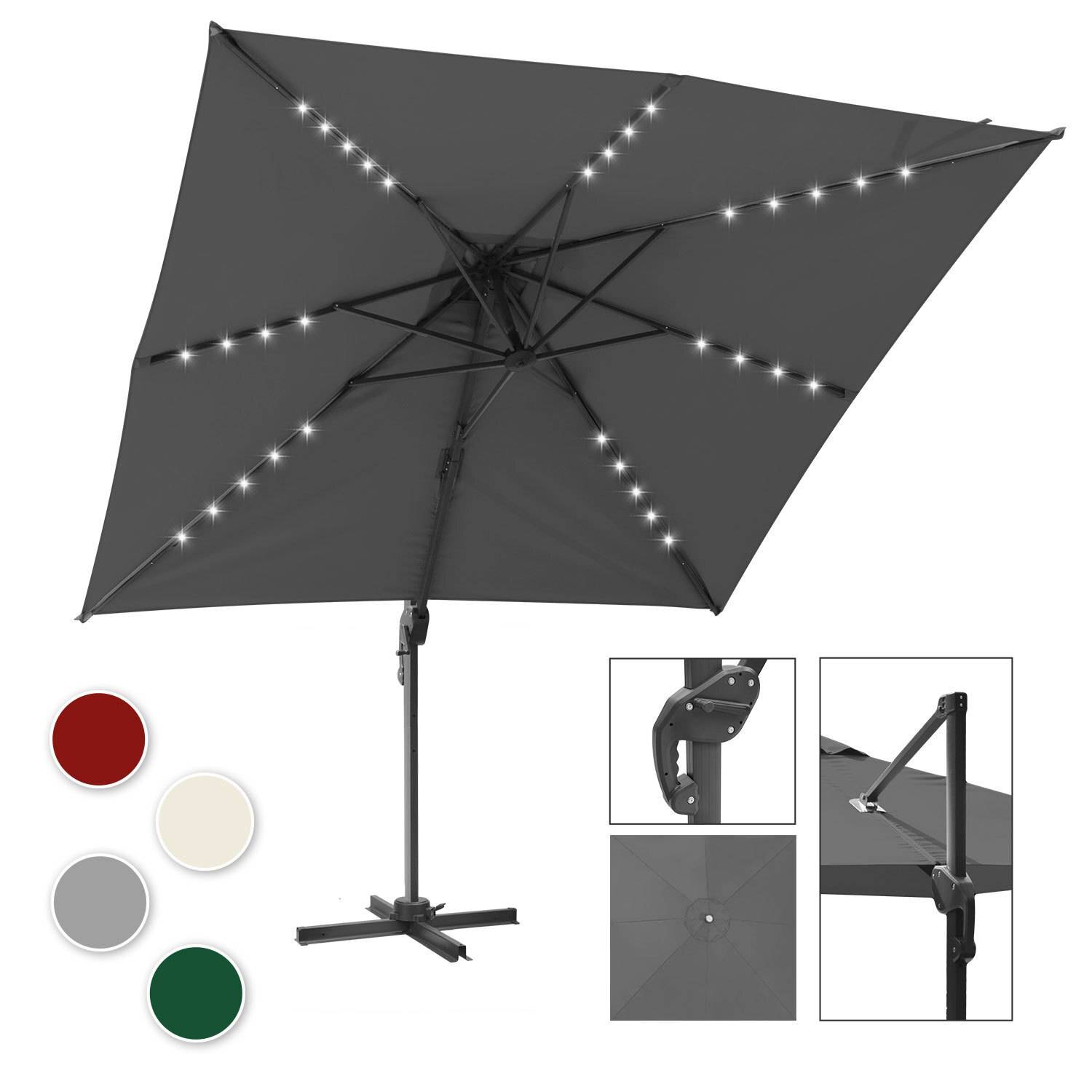 Sonnenschirm Grau mit LED-Beleuchtung – Moderner Gartenschirm Ø300 cm, UV-Schutz & Kurbelmechanismus