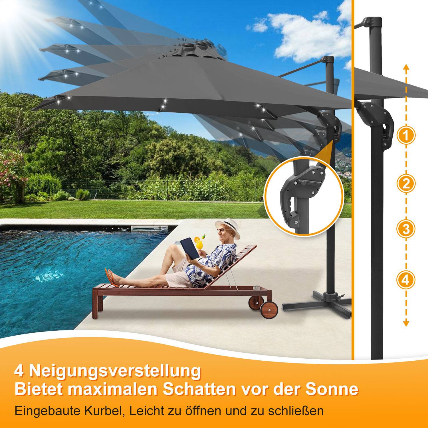 Sonnenschirm Grau mit LED-Beleuchtung – Moderner Gartenschirm Ø300 cm, UV-Schutz & Kurbelmechanismus