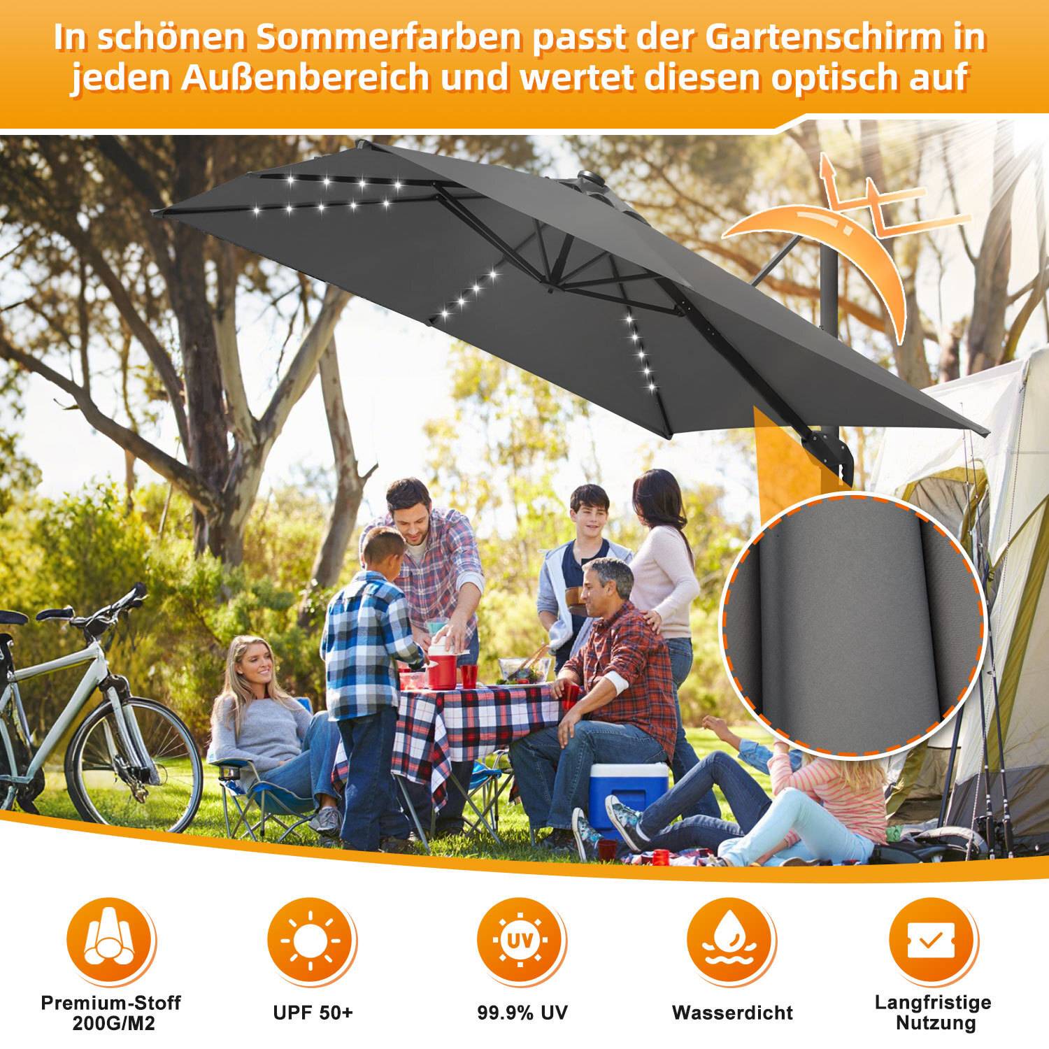 Sonnenschirm Grau mit LED-Beleuchtung – Moderner Gartenschirm Ø300 cm, UV-Schutz & Kurbelmechanismus