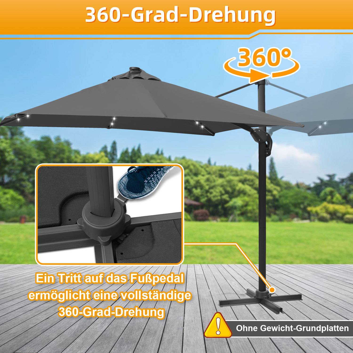 Sonnenschirm Grau mit LED-Beleuchtung – Moderner Gartenschirm Ø300 cm, UV-Schutz & Kurbelmechanismus