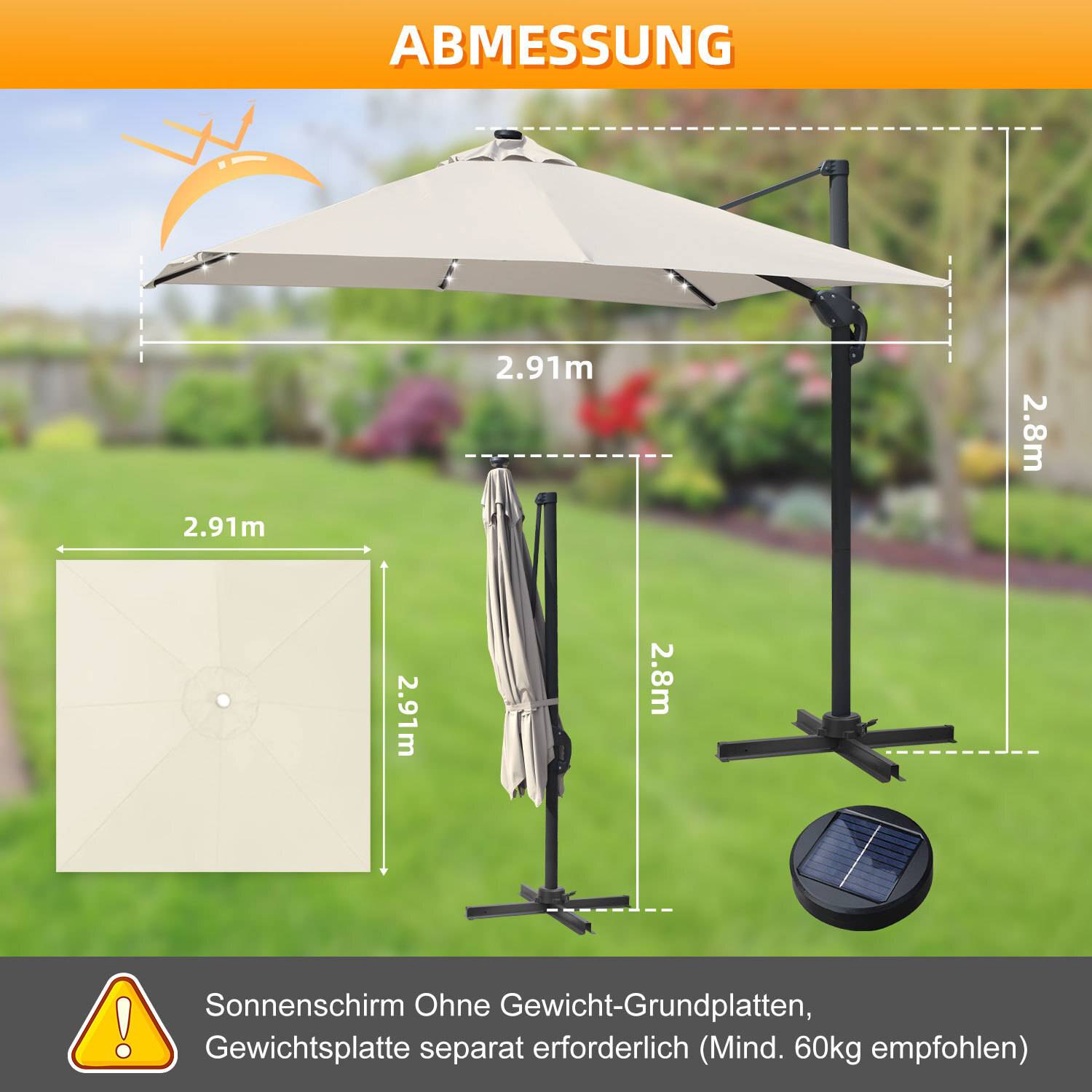 Sonnenschirm Creme mit LED-Licht – Eleganter Gartenschirm Ø300 cm, UV-Schutz & Kurbel