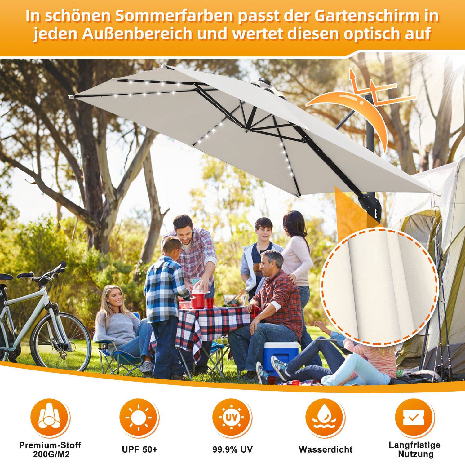 Sonnenschirm Creme mit LED-Licht – Eleganter Gartenschirm Ø300 cm, UV-Schutz & Kurbel