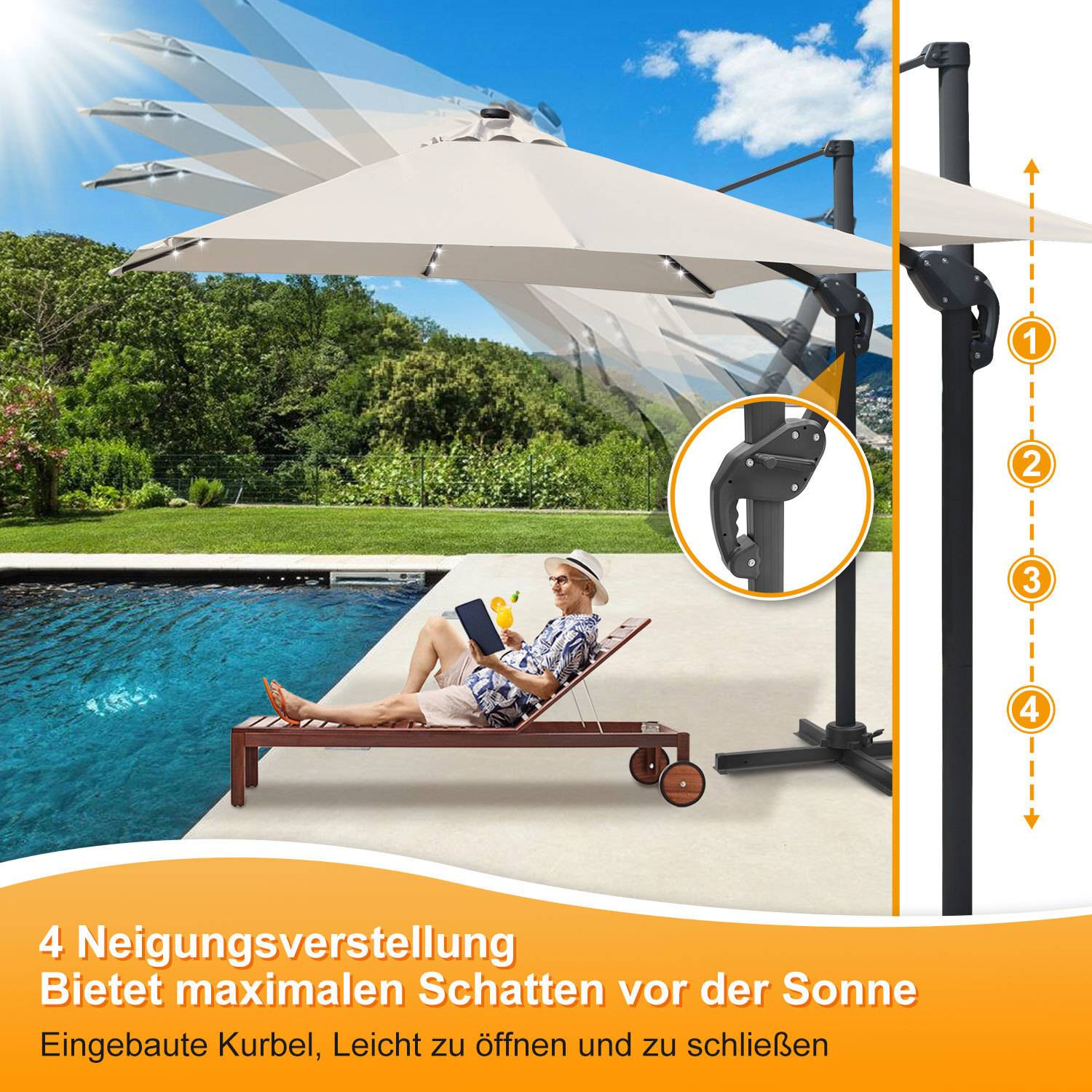 Sonnenschirm Creme mit LED-Licht – Eleganter Gartenschirm Ø300 cm, UV-Schutz & Kurbel