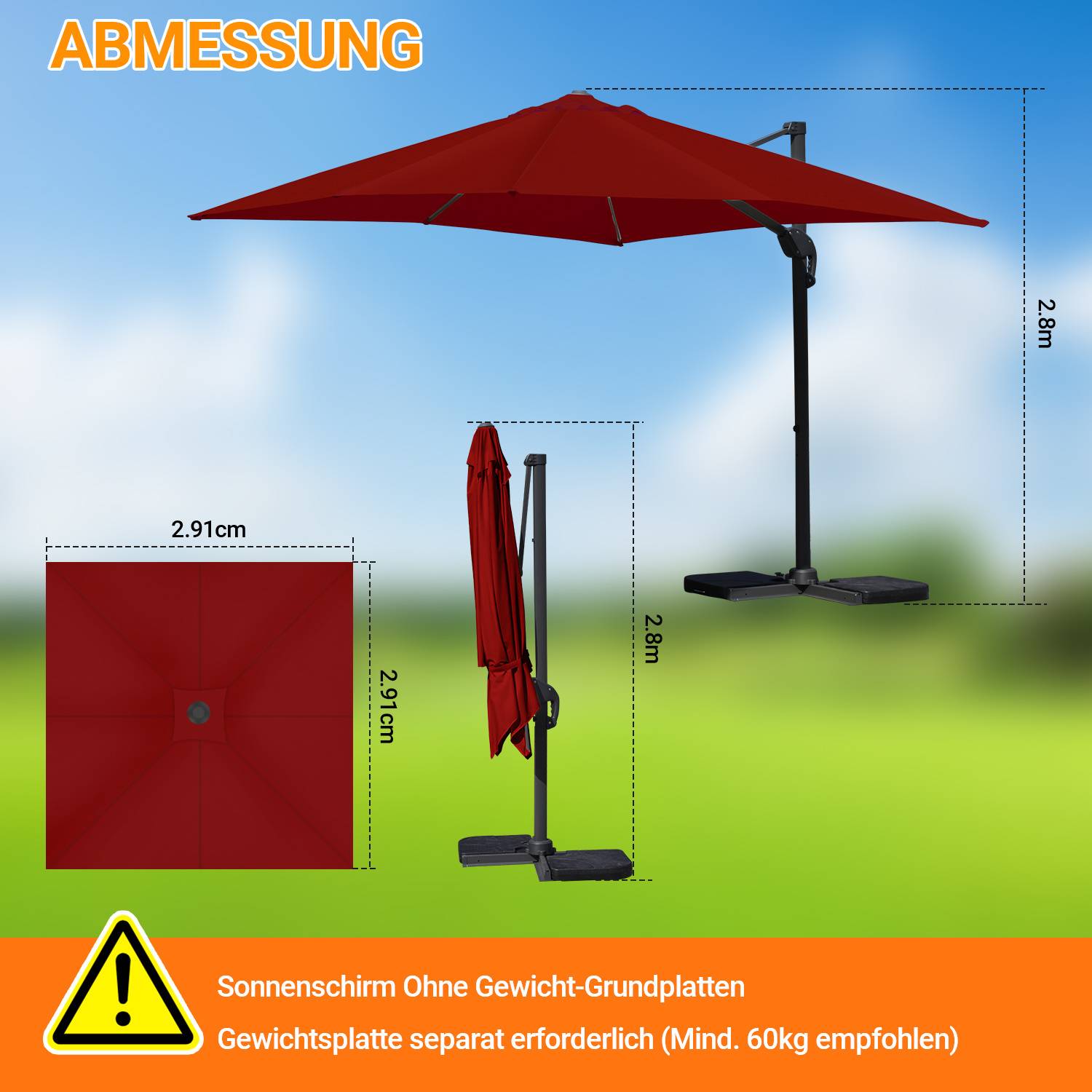 Sonnenschirm Rot Ø300 cm – Gartenschirm mit Kurbel, UV-Schutz & wasserabweisendem Bezug